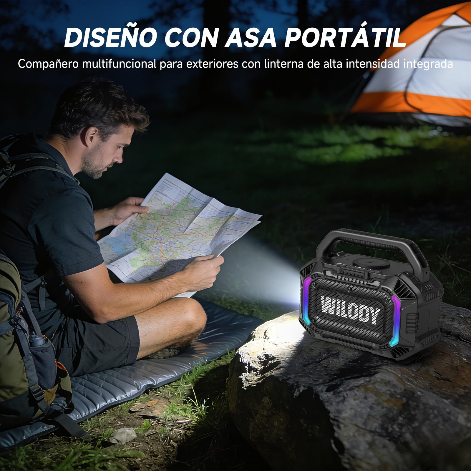 Wilody Altavoz Bluetooth Potente 100W,Altavoces Bluetooth Grande,Altavoces Bluetooth Exterior con IPX7 Resistente al Agua,EQ,RGB,USB,batería de 20 Horas,TWS,BT5.3（L-Negro）