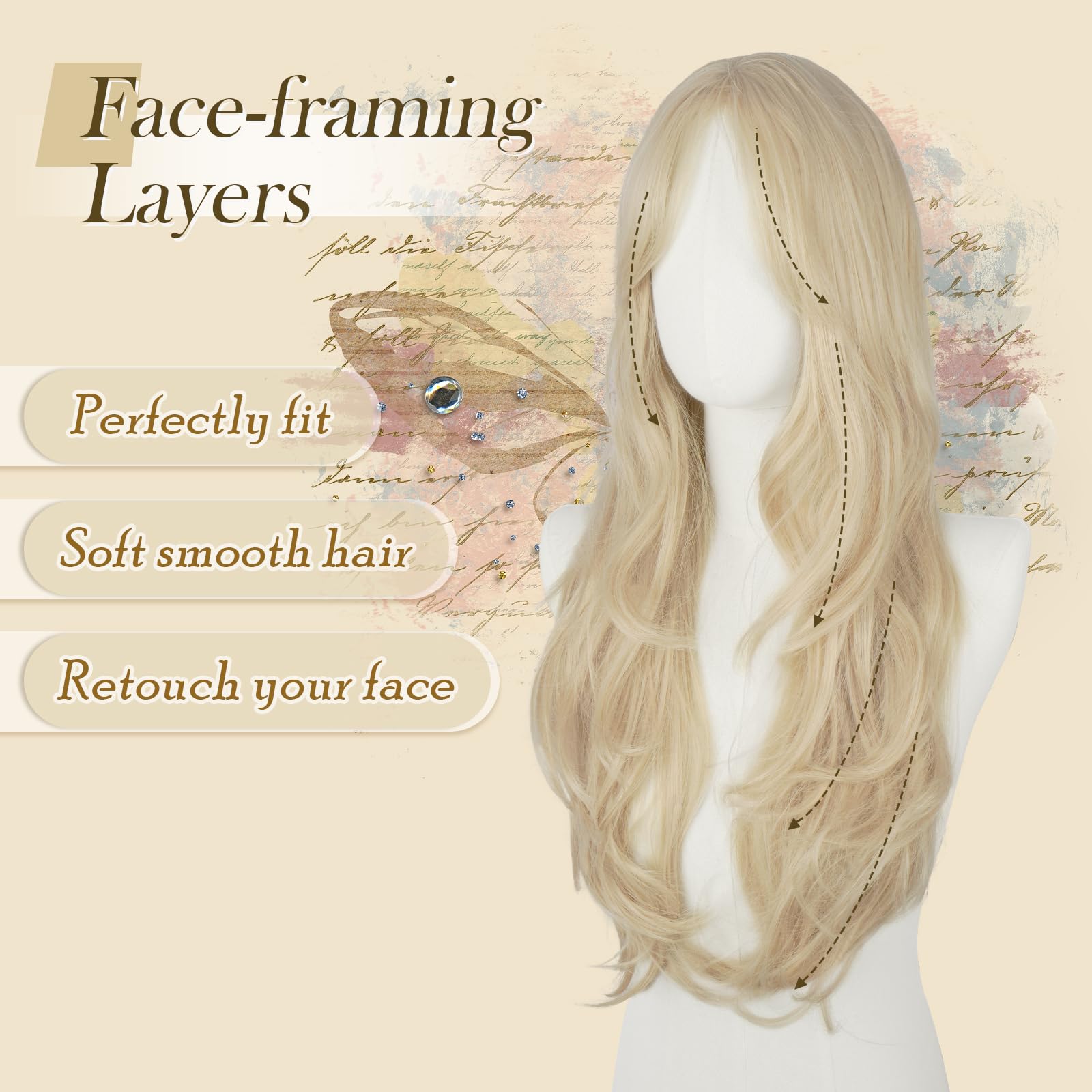 FESHFEN Perruque Longue pour Femmes Blond Platine Perruque avec Frange Dégradé Cheveux Naturelle Synthétique Résistante à la Chaleur Perruques Ondulé Utilisation Quotidienne Fêtes, 65 cm