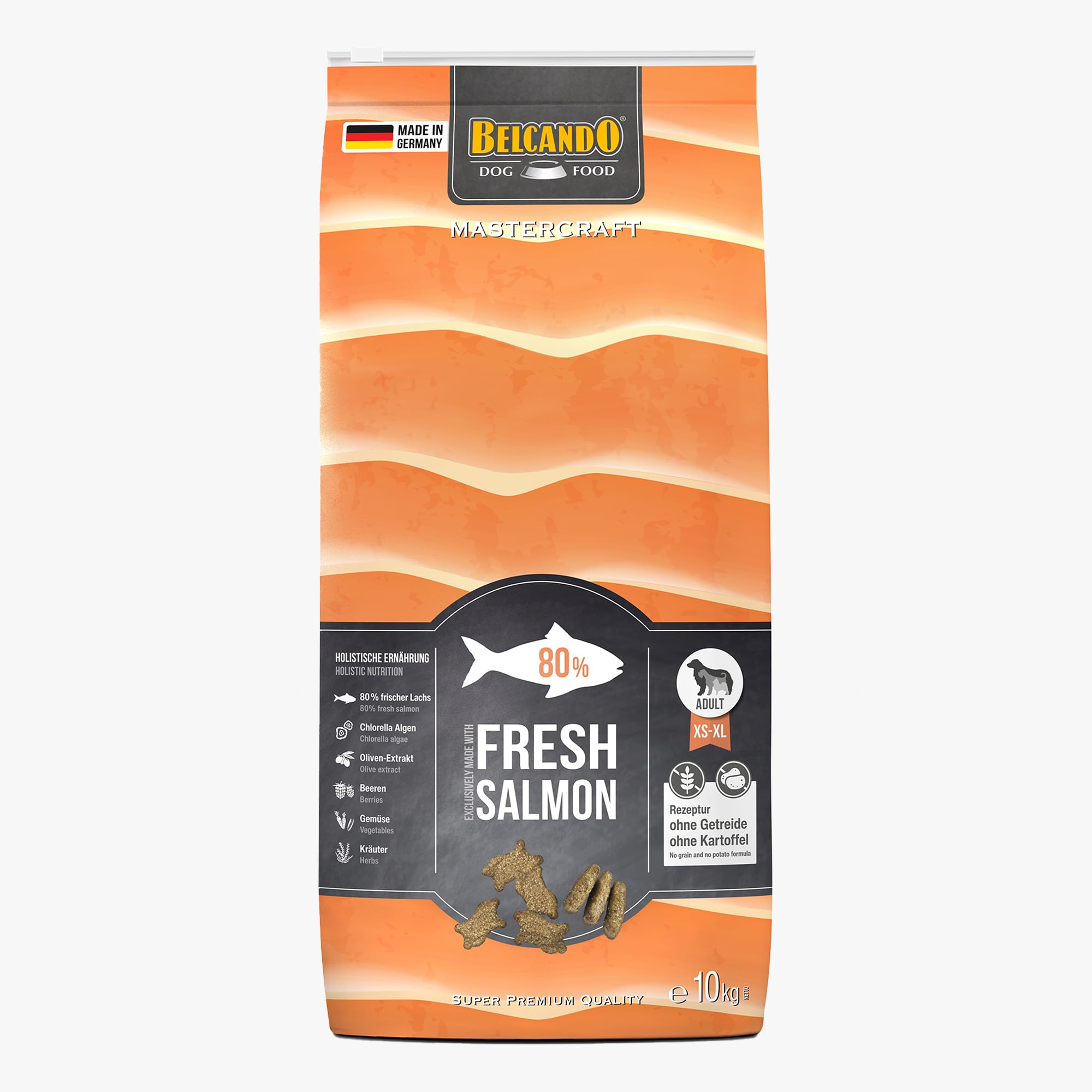 BELCANDO MASTERCRAFT Hundefutter trocken Fresh Salmon, 10kg, Trockenfutter für Hunde mit Lachs, 80% Frischfleisch, getreidefrei, für alle Rassen, Made in Germany