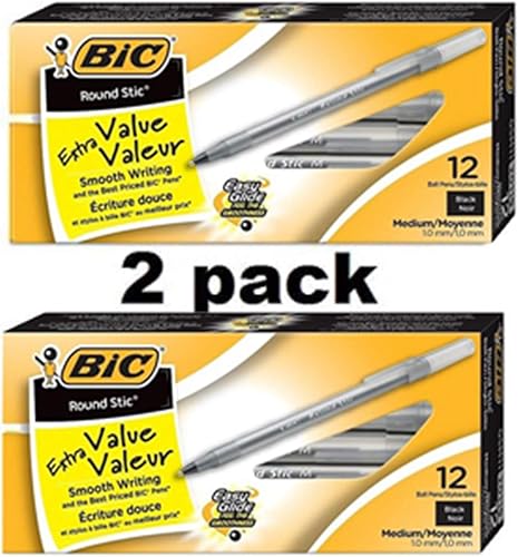 BIC Bolígrafo redondo Stic clásico, punta media (0.039 in), color negro, 24 unidades