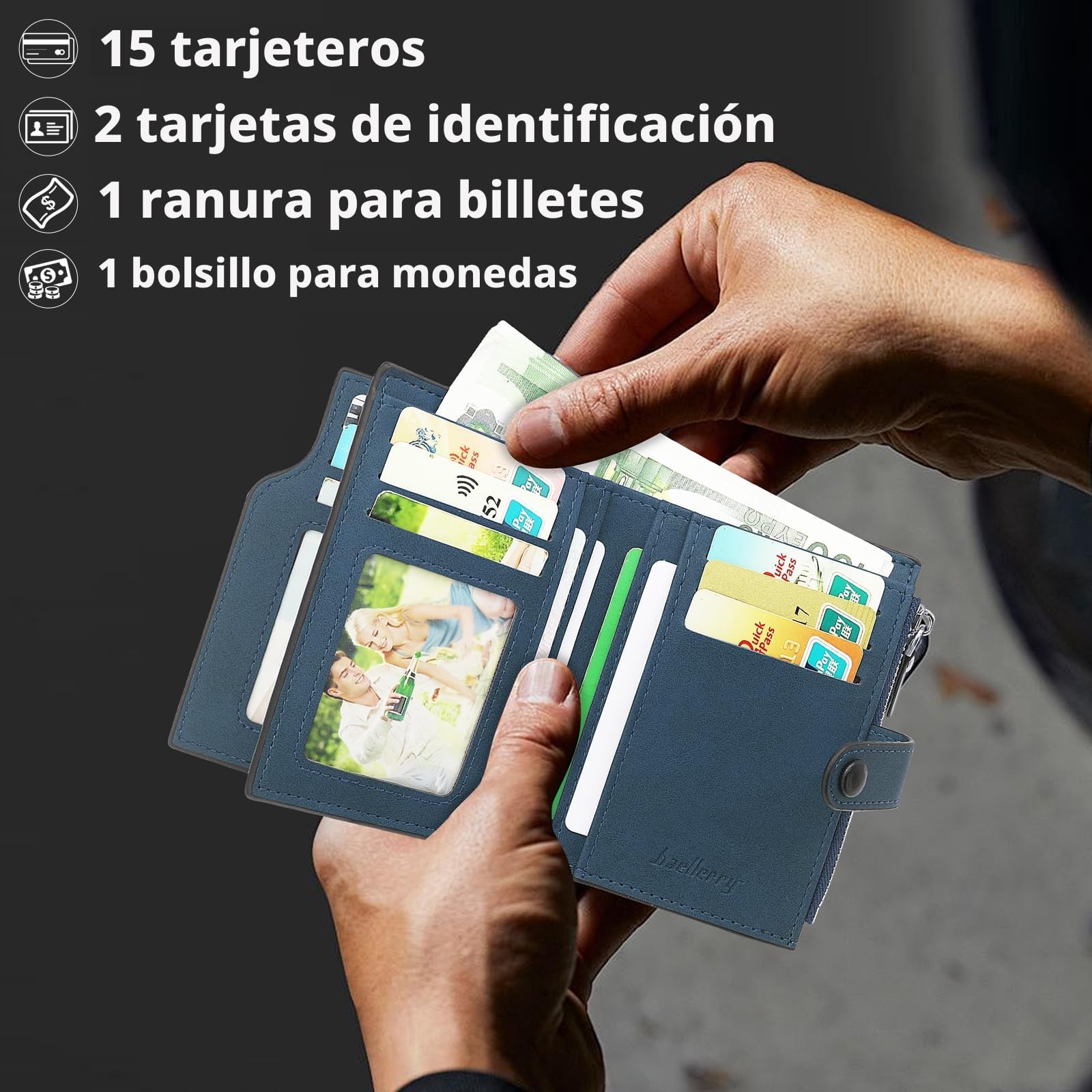 HNOOM Cartera para Hombre con Bloqueo RFID Billeteras con 17 Ranuras Monedero con Cremallera | Regalo Ideal para Hombres | Protección Antirrobo | Cartera Pequeña y Funcional (Azul)