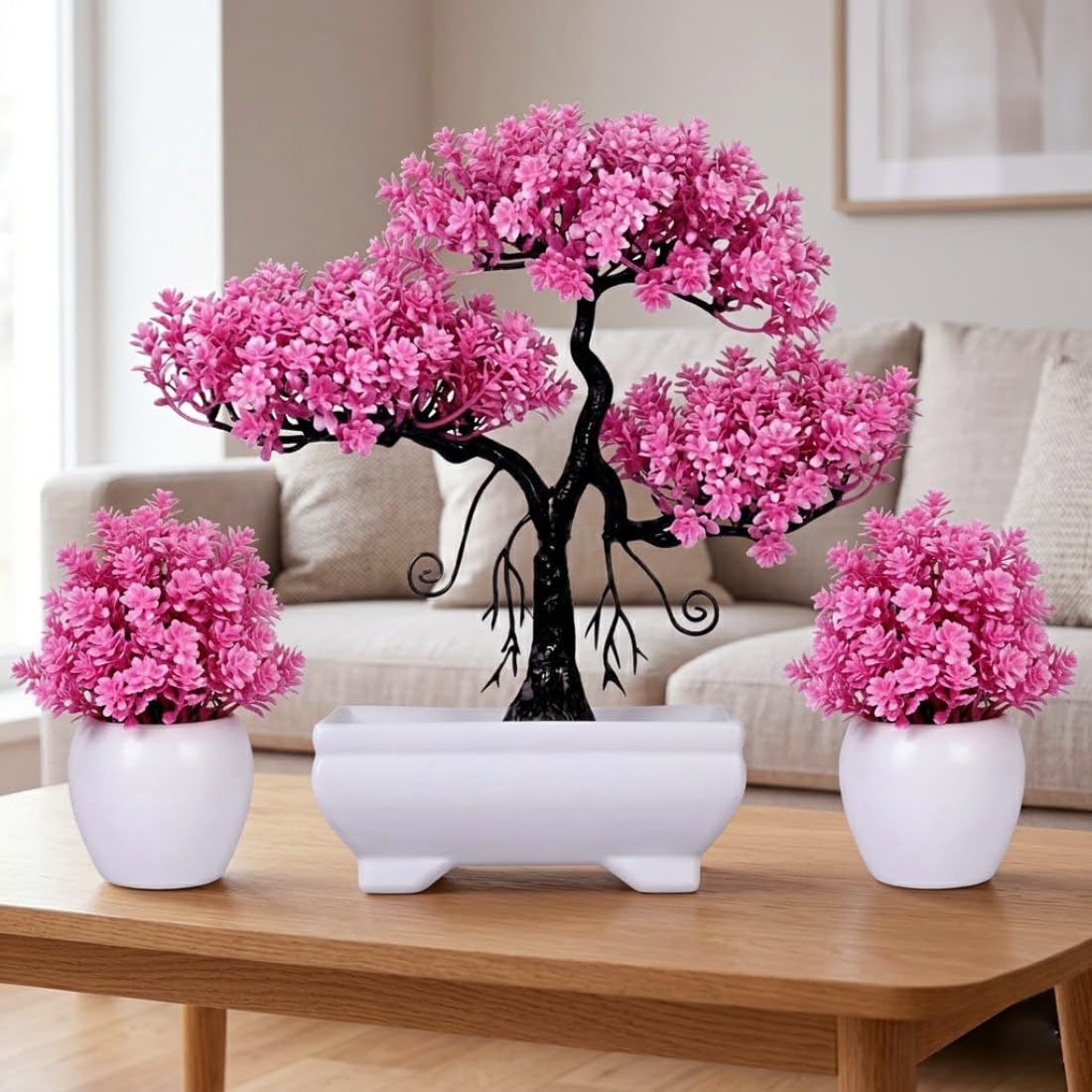 (Set of 3) Artificial Plants for Home Decor Pink Flower 28 cm Tree Realistic Looks Bonsai Tree for Bedroom, Livingroom, Office, Table, Balcony, Kitchen Indoor & Outdoor Decoration 3