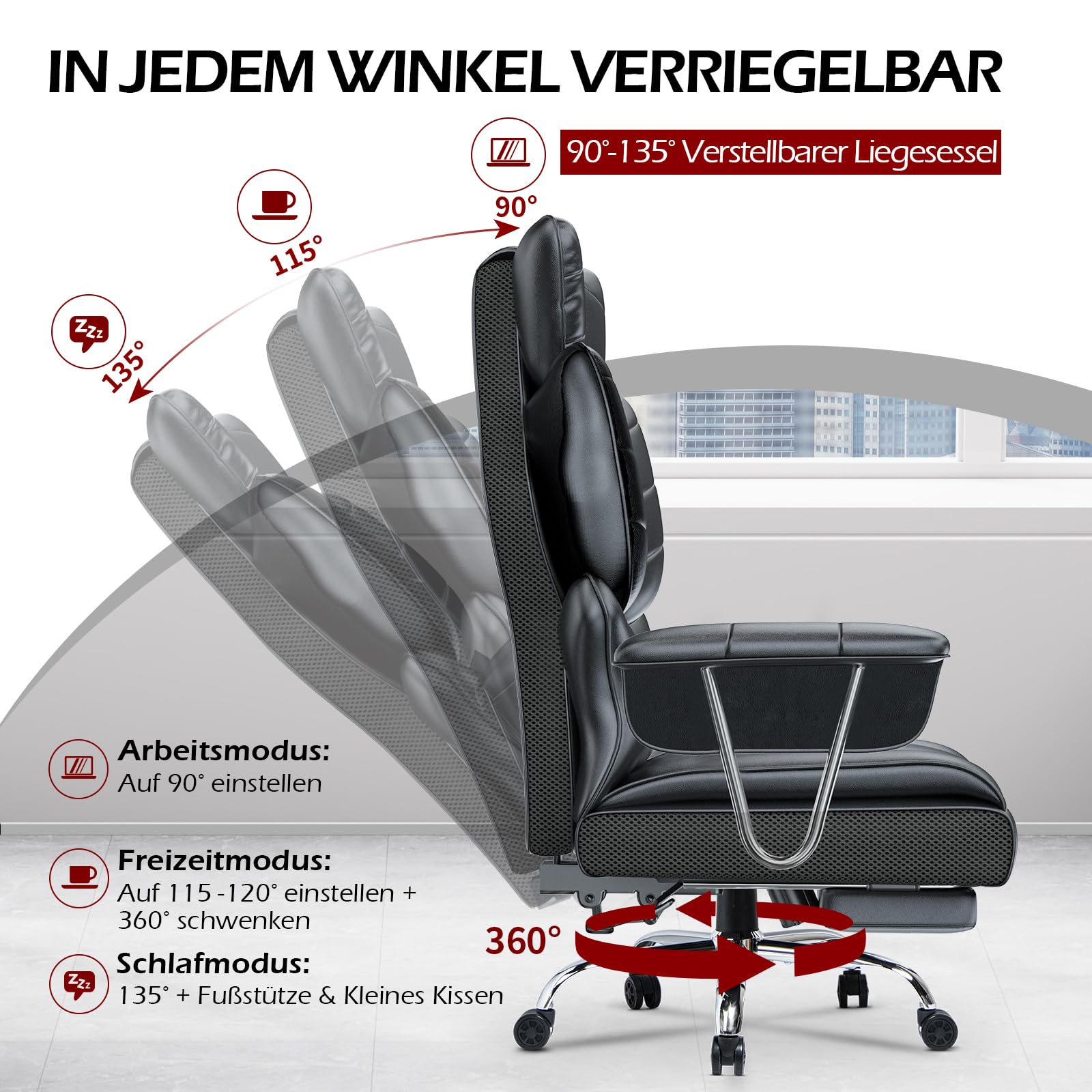 Racingreat Ergonomischer Bürostuhl mit ausziehbarer Fußstütze, Höhenverstellbarer Schreibtischstuhl, Große weiche Rückenlehne, Individuelle Lendenwirbelstütze, Chefsessel aus PU-Leder,Schwarz