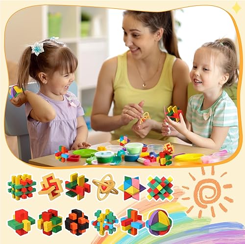 Miniatura 6 de Syhood 12 rompecabezas de madera 3D para adultos y adolescentes, coloridos rompecabezas de desbloqueo entrelazado, juegos cerebrales, rompecabezas