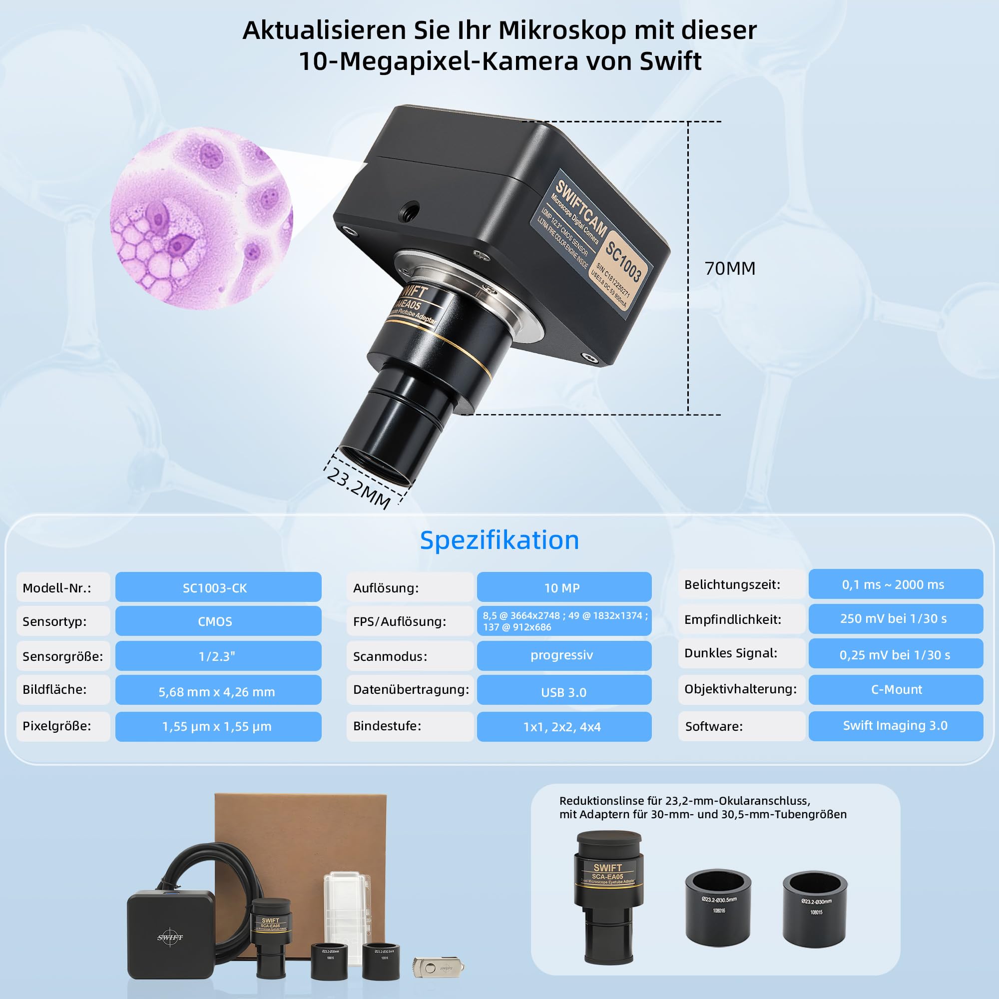 SWIFT Swiftcam SC1003-CK - Fotocamera da microscopio da 10 Megapixel con obiettivo riduttore, kit di calibrazione, adattatori oculari e cavo USB 3.0, compatibile con Windows/Mac/Linux