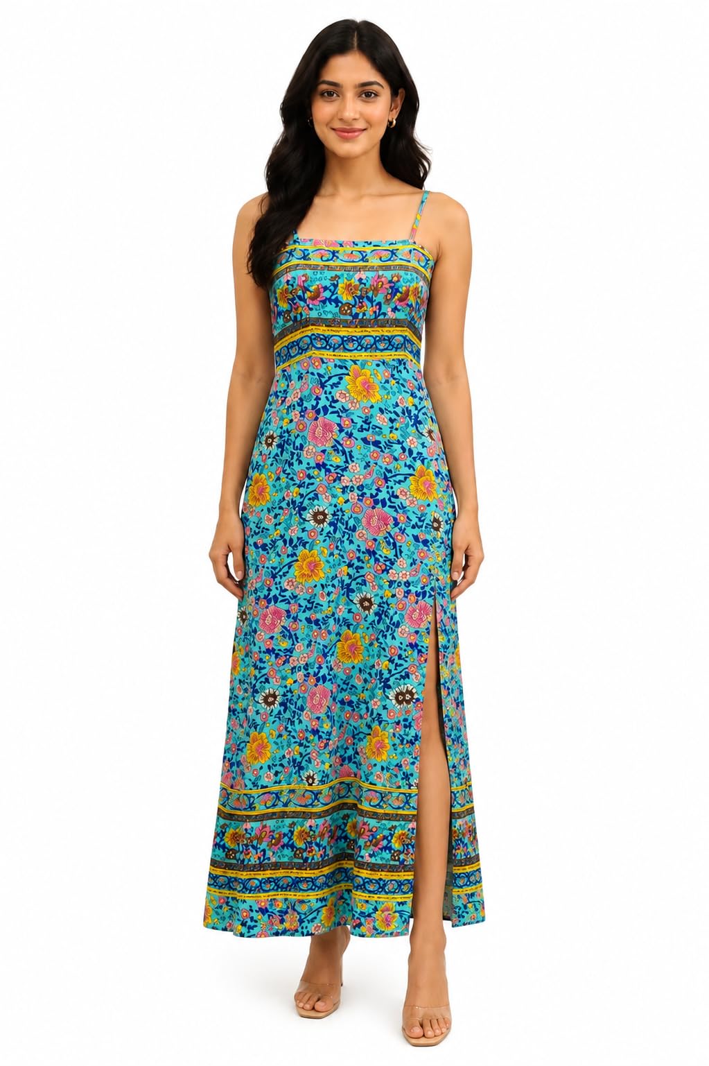 Women's Printed Maxi Dress | Sleeveless Spaghetti Strap Long Dress with Side Slit | Casual Summer Beach Dress | Comfortable Floral Cotton Dress for Women Multicolour-picture-19