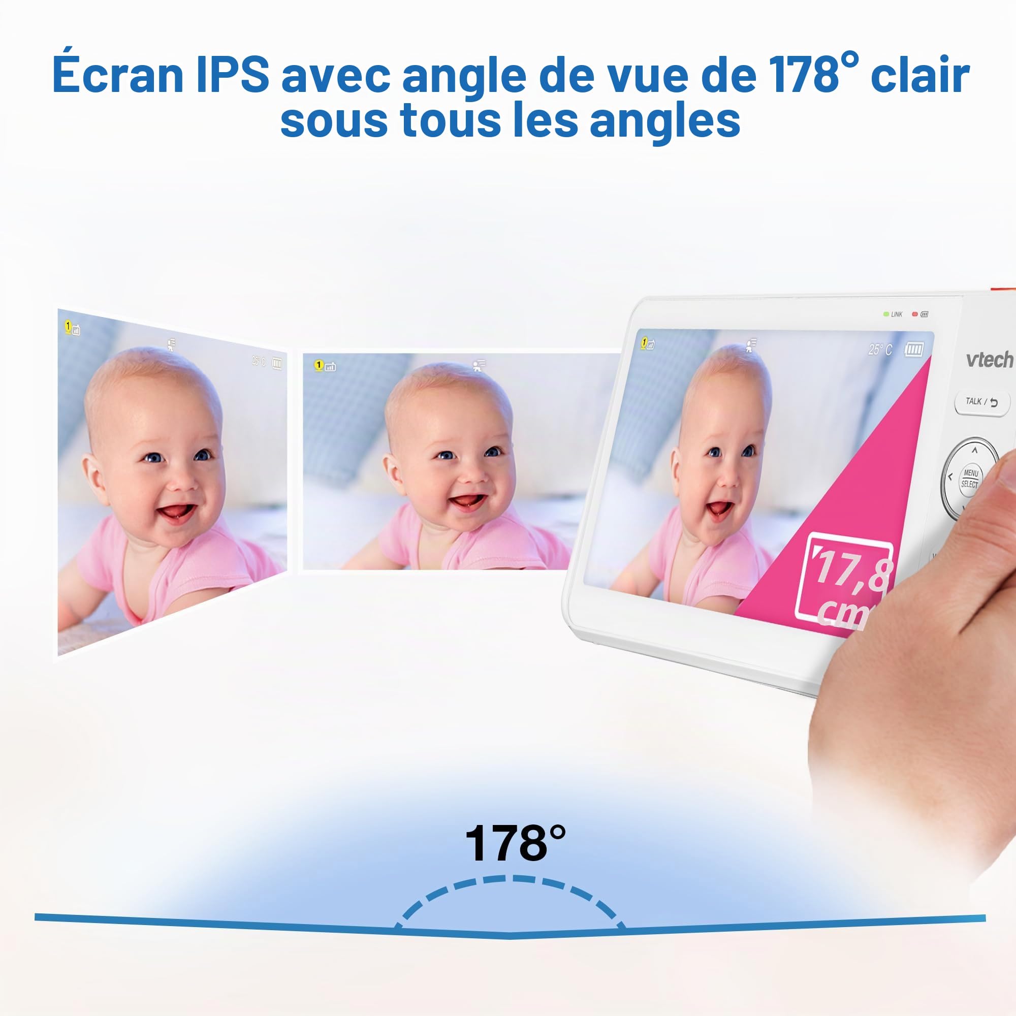 VTech VM7467 Moniteur pour bébé avec écran LCD 7", Zoom inclinable panoramique à Distance, Vue Grand Angle de 178°, Sons apaisants et berceuses, veilleuse Multicolore, Conversation bidirectionnelle,