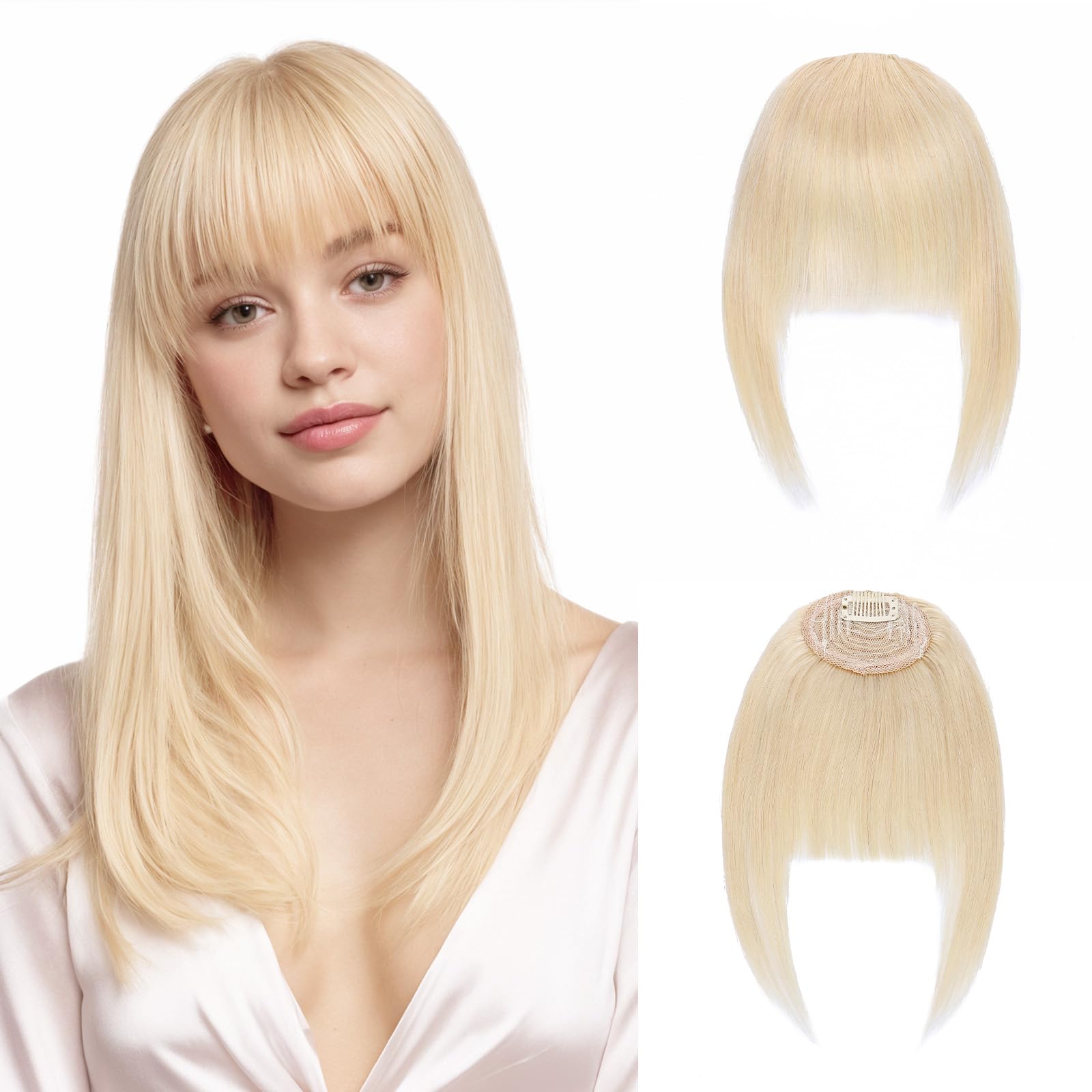 MY-LADY Frangia a Clip Capelli Veri 14g, Leggera Frangetta Finta Francese con Tempie, Biondo Platino Posticci Frangia Frontale Extension per Correggere i Contorni del Viso, Clip in French Bangs (#60)
