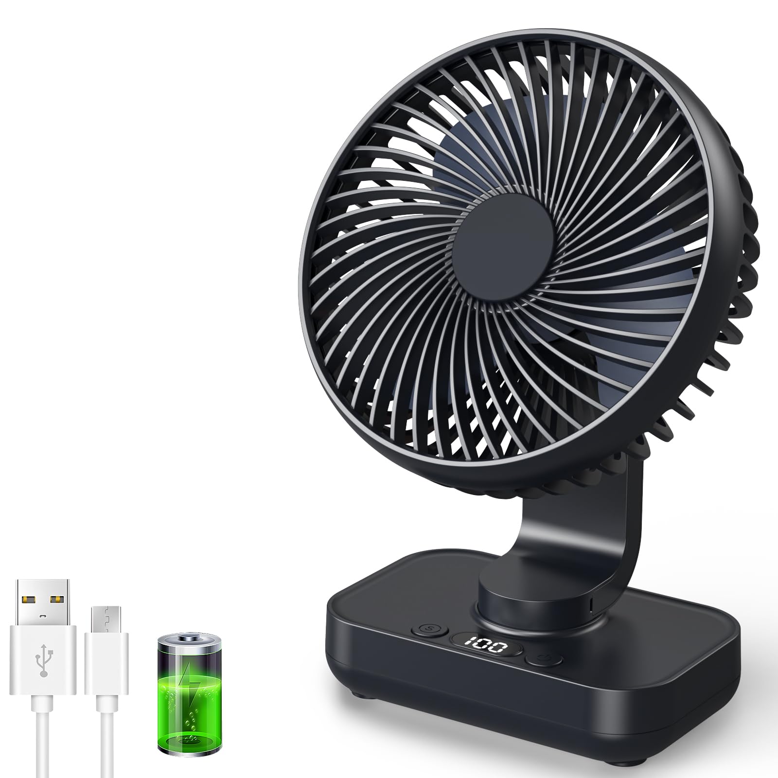 Ventilador de Mesa USB con Oscilación Automática, Batería 4500mAh Recargable, Silencioso, 4 Velocidades, Pantalla Digital, Carga Rápida, Portátil para Hogar, Oficina, Dormitorio, Exteriores