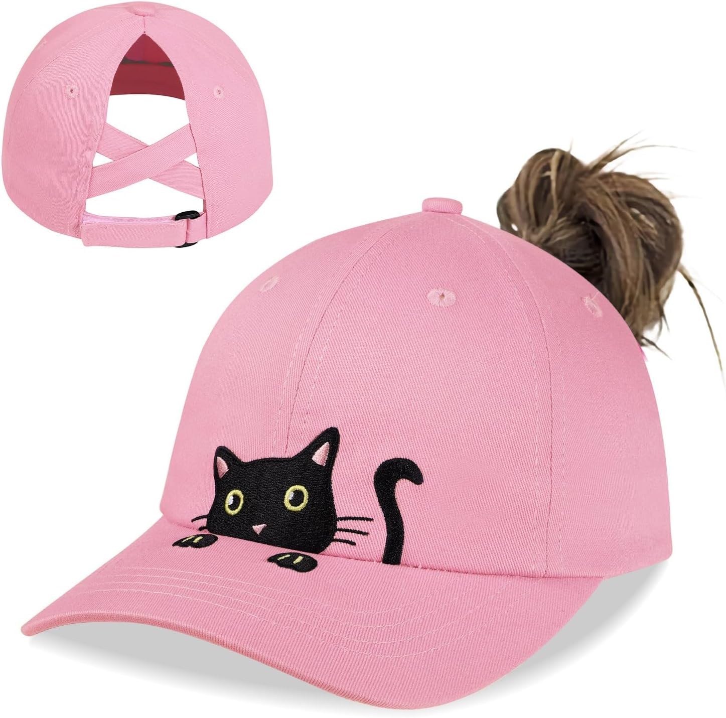 Girls Ponytail Hat Criss Cross Baseball Cap Cute Cat Embroidered Trucker Hat for Women