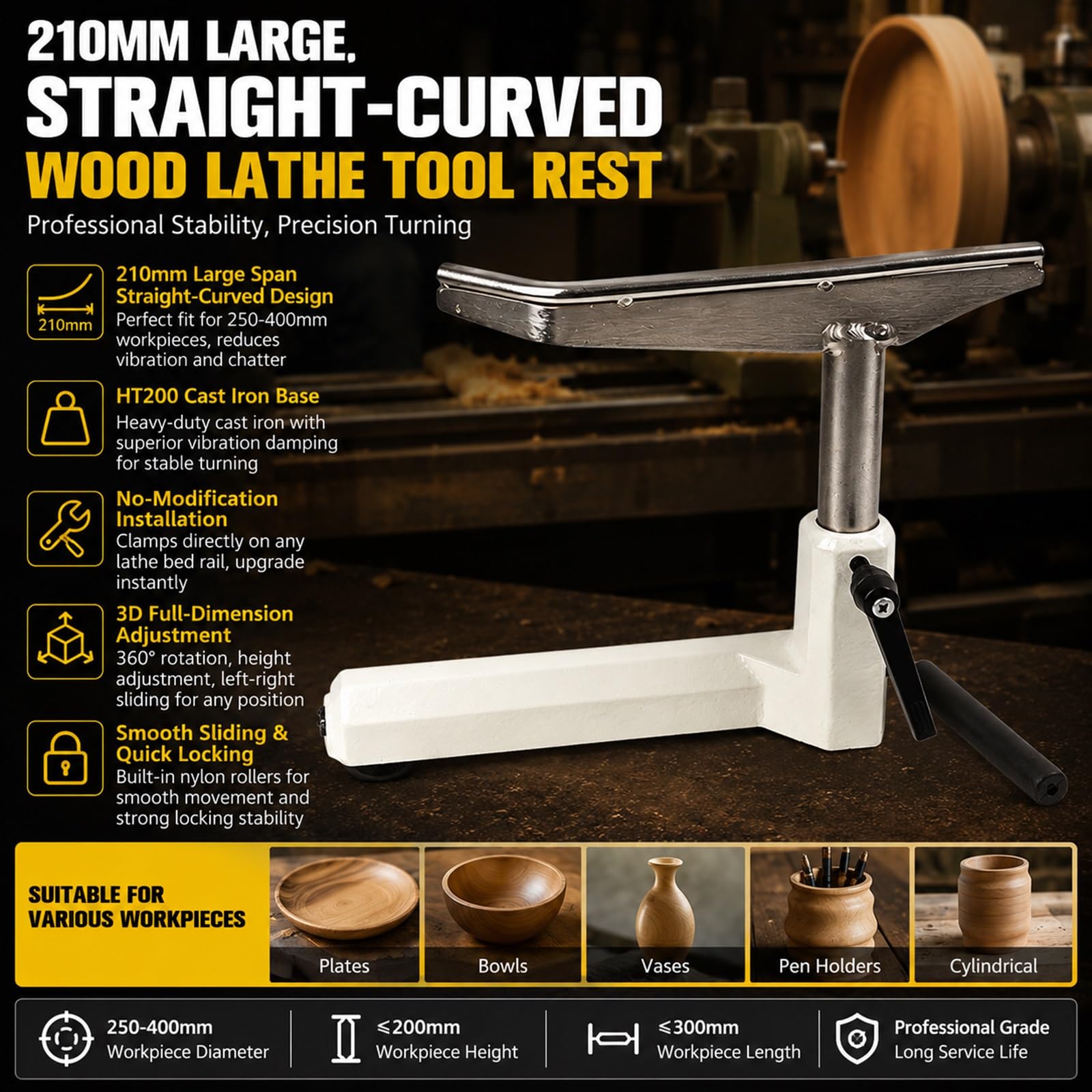 210 mm uchwyt do tokarki do drewna prosto wygięty z 14" żeliwną podstawą, 123 mm kolumna 25,4 mm, do profesjonalnych i hobby tokarki: talerze, miski, wazony, tace na długopisy, cylindryczne