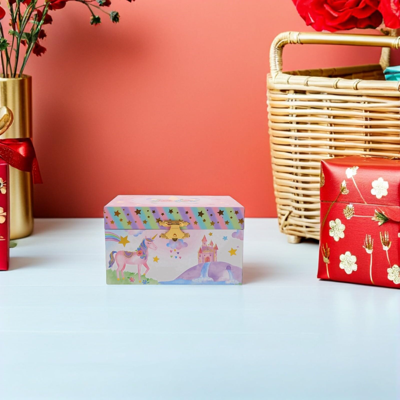 Toyvian Caja de Música Joyero para Niñas con Forma de Unicornio, Almacenamiento Versátil de Joyas en Madera y Metal, Obsequio para Cumpleaños o Año
