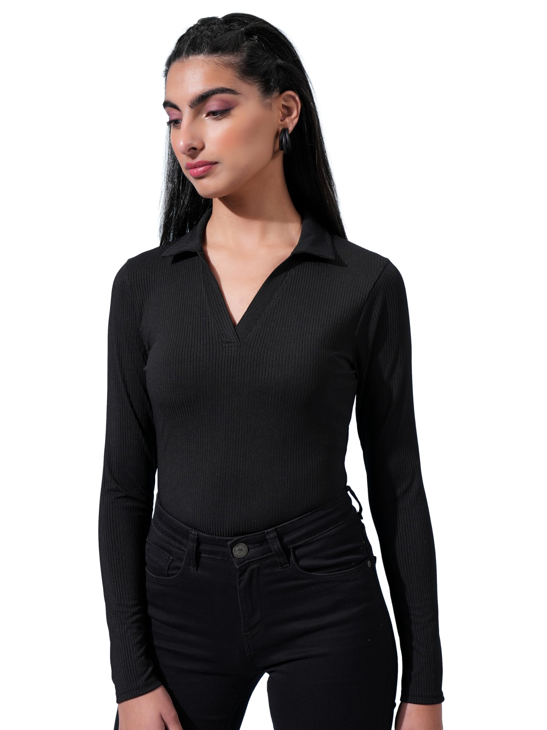 トップス K Tokyo Talkies Women's Ribbed Fitted Crop Top | Full Sleeves
