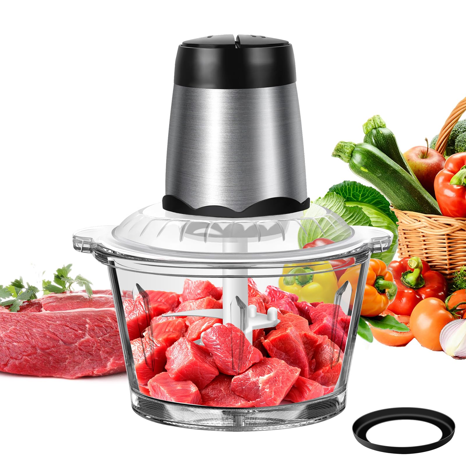 Electric food processor and chopper with 2-litre glass container, 2 speed settings, 4 stainless steel blades, non-slip mat, for chopping meat, baby food, fruit and vegetables