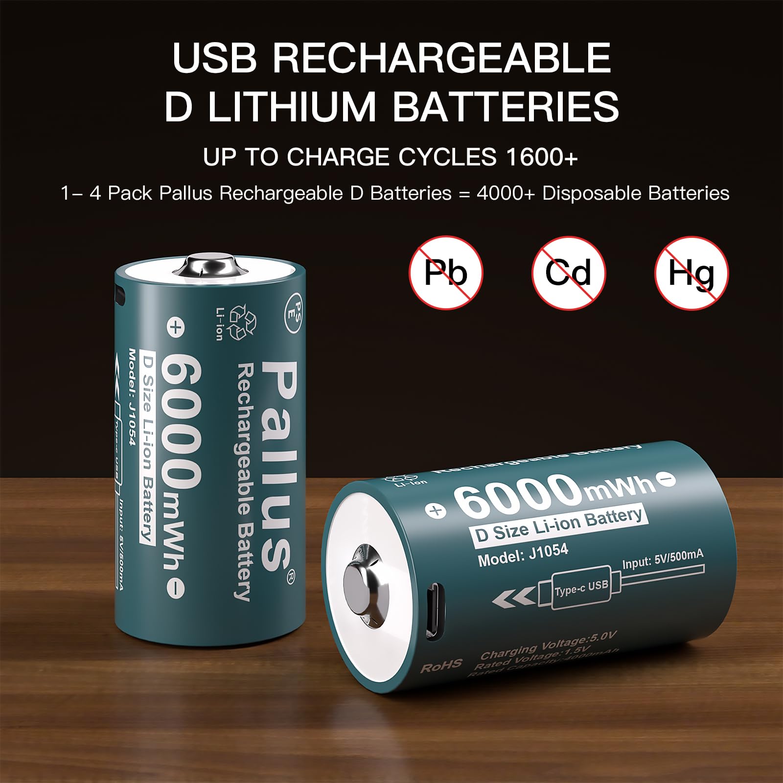 Pallus Rechargeable Lithium D Batteries with 4 in 1 USB-C Charge Cable, 4 Pack 1.5V LR20 D Size Li-ion Rechargeable Batteries, 6000mWh Long Lasting Power, Up to Charge Cycles 1600x