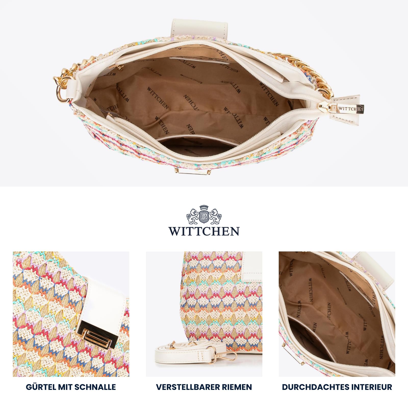 WITTCHEN Damen Umhängetasche | Damen-Beuteltasche Mit Riemen | Mit Kette | Geflochtene Handtasche | Handtasche mit Reißverschluss | Tasche Frauen