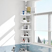 MOYKSRR White Bathroom Shelf, Telescopic Bathroom Shelf, Height Adjustable Shower Shelf, 100-310 cm, Stainless Steel without Drilling, 5 Trays, 4 Hooks, 1 Towel Rail