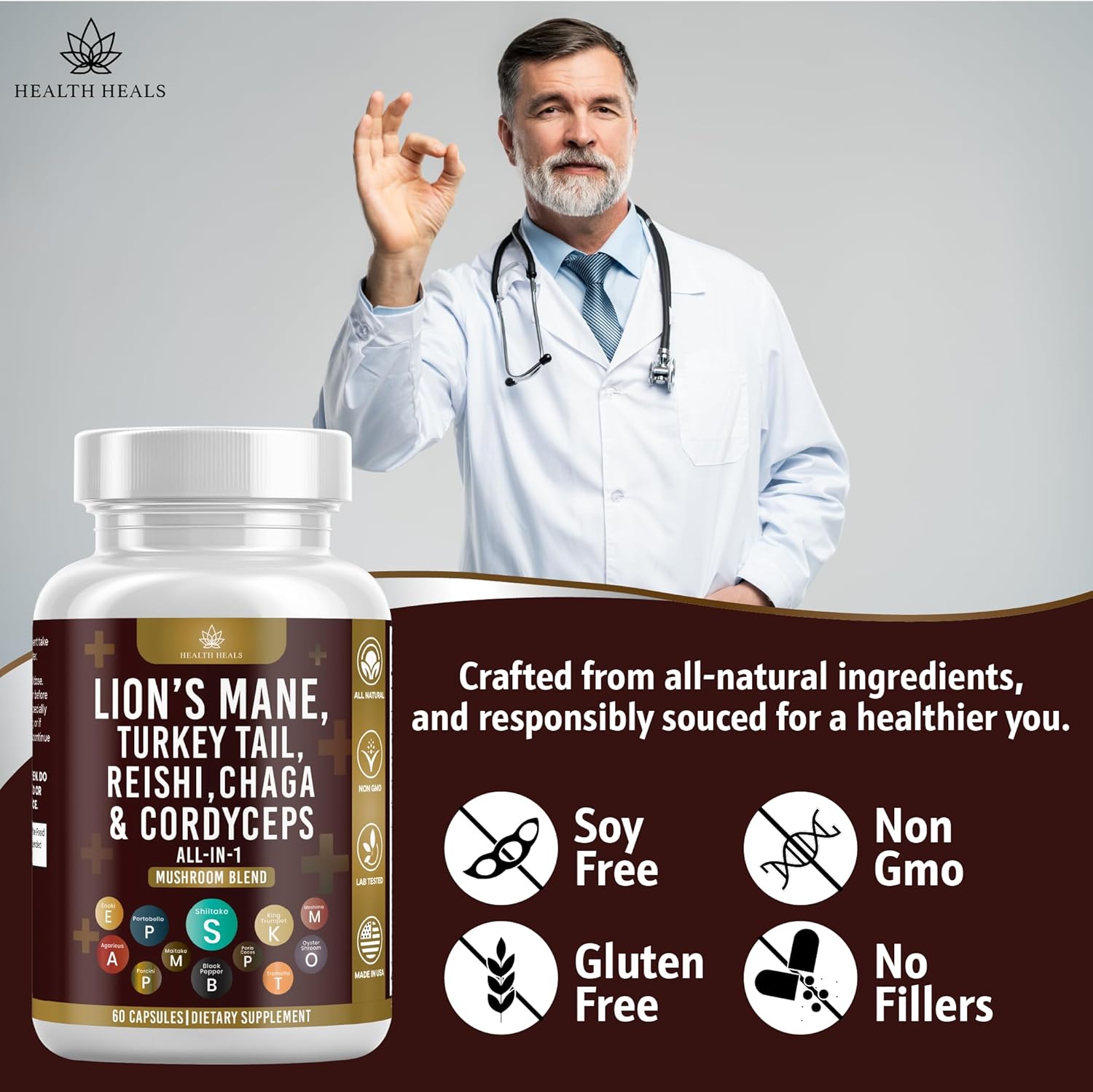 Mushroom Supplement with Lion's Mane Turkey Tail Reishi Cordyceps Chaga Marshmallow Root - 180 Count