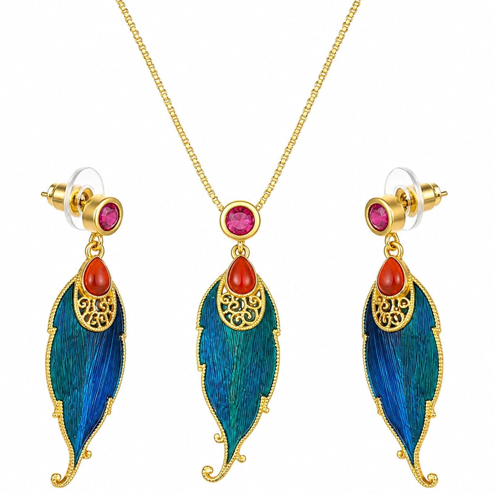 Set Gioielli Con Ciondolo Piuma Blu, Collana E Orecchini A Bottone
