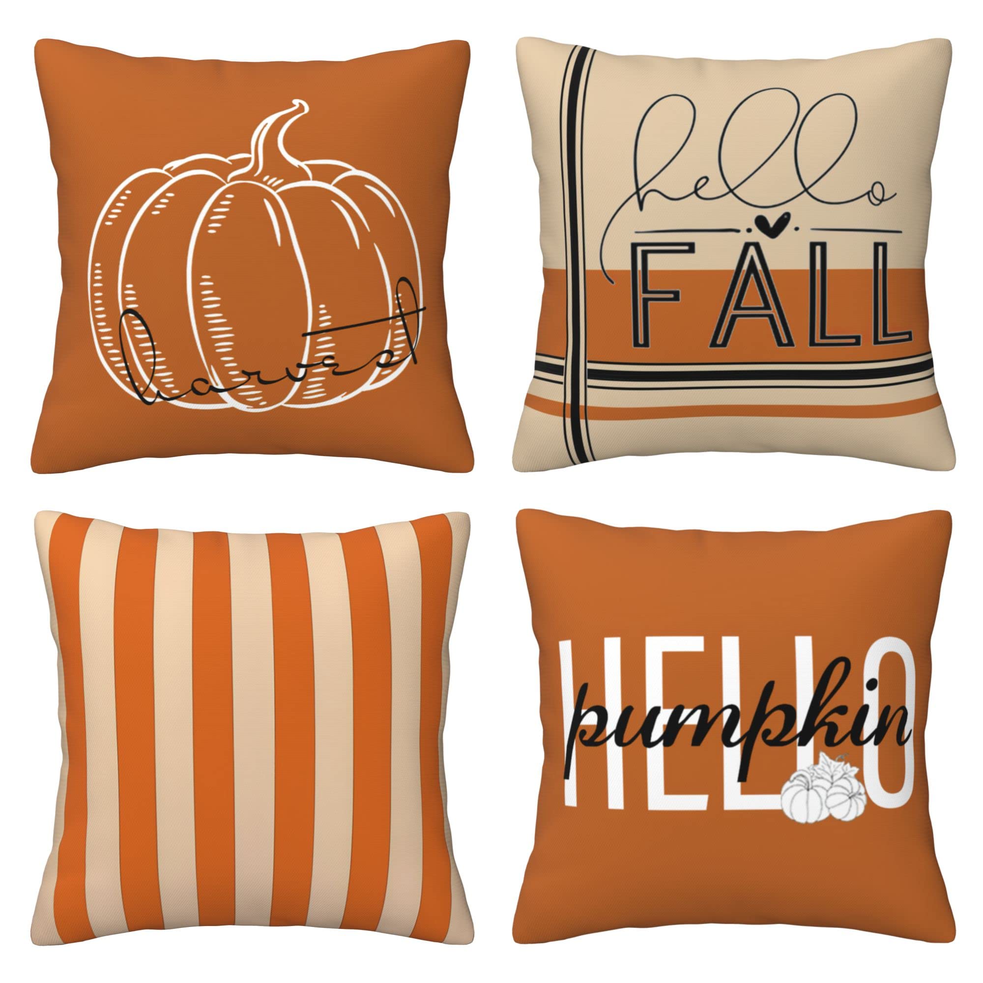 EVESKY Fall Pillow Covers 18x18 Set of 4 Throw Double Sides Print Orange Stripes Happy Pumpkin Fall Harvest Pillow Covers Cushion Covers for Sofa Couch and Home Décor (EVESKY)
