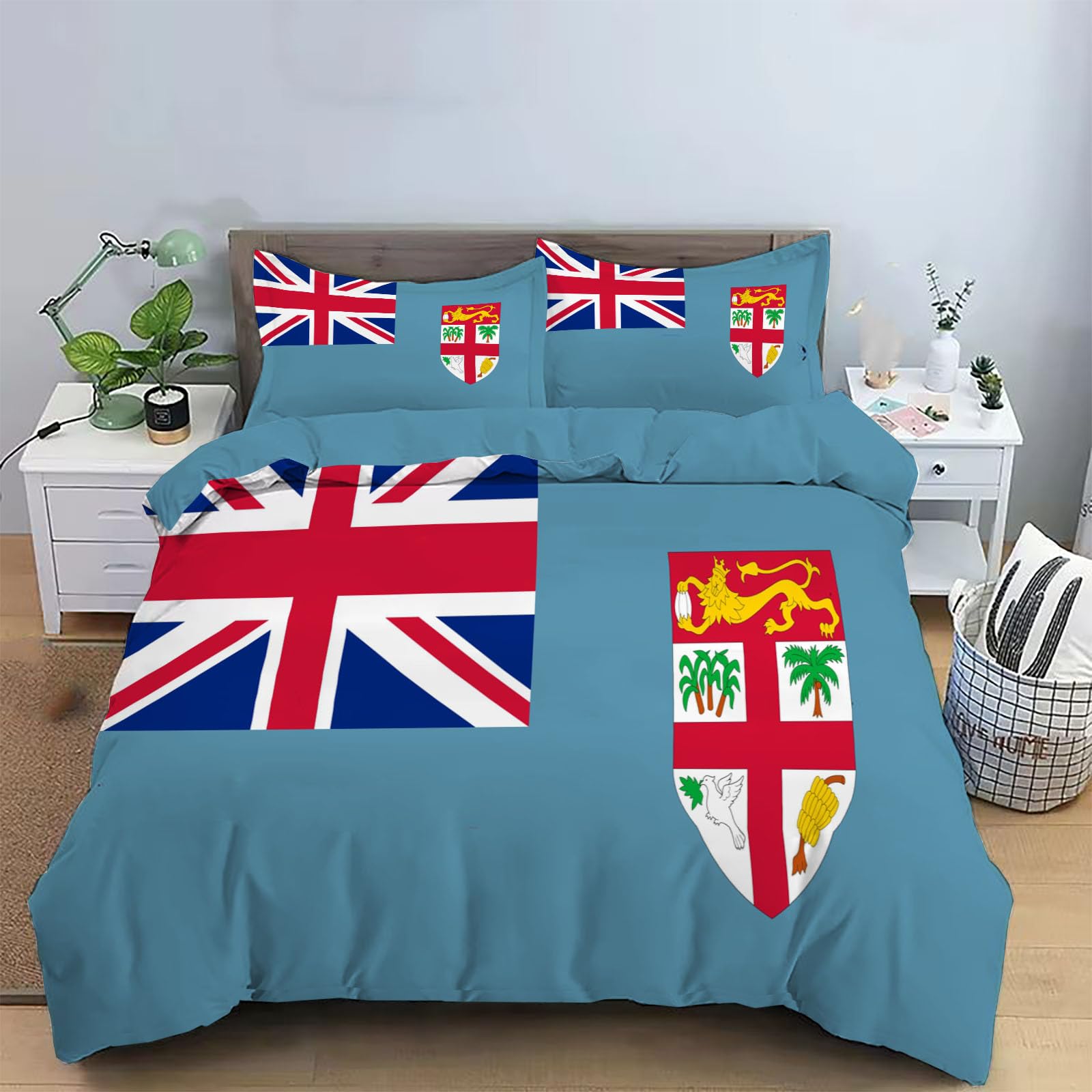 WunM Studio Duvet Cover Set Double 200 * 200cm Colorful Microfiber Bed Duvet Cover Bhutan Flag Printed 3Pcs Modern Retro Fiji Flag Design Bedding Set With Zipper Closure Soft Durable