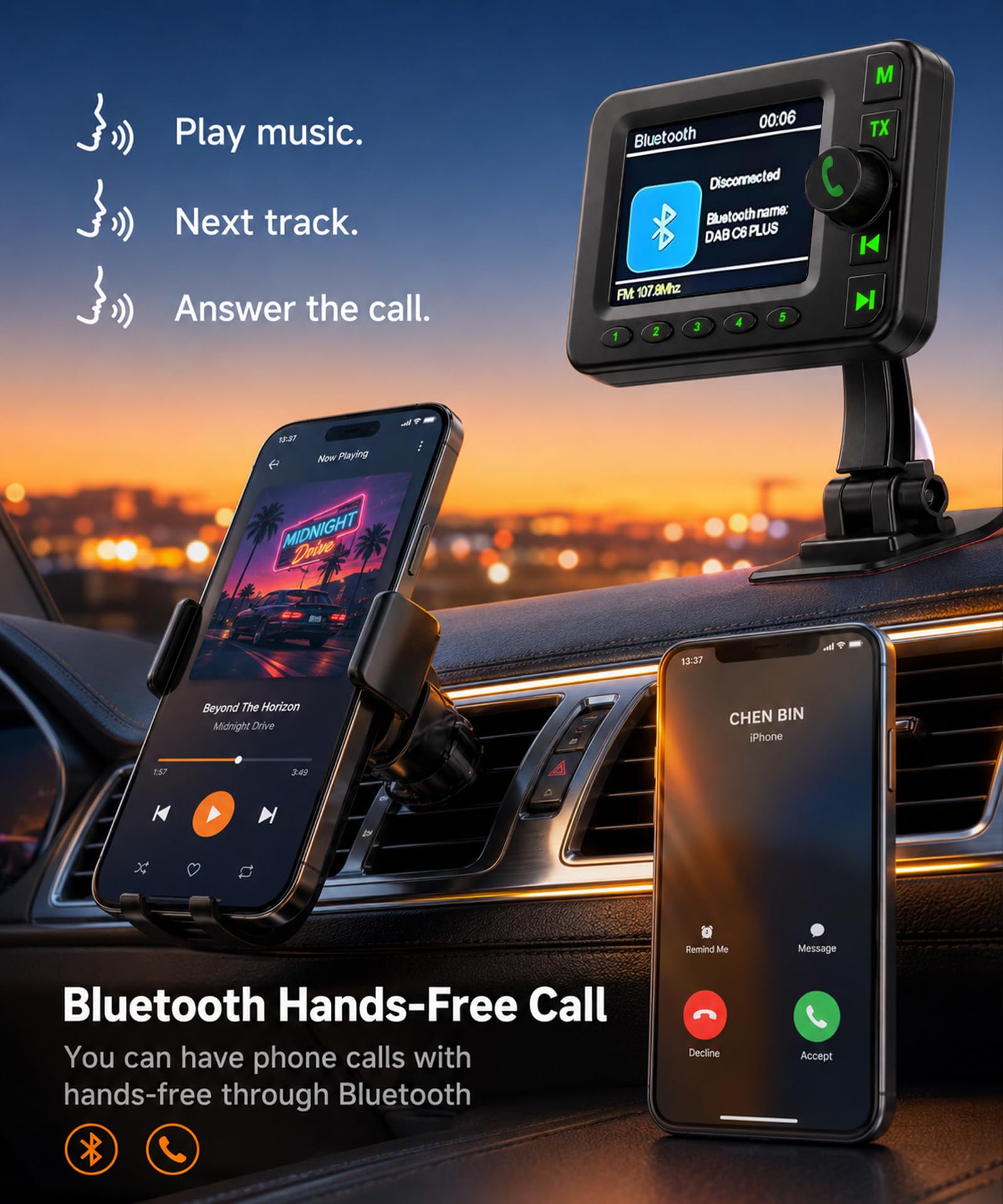 VECHTEL Radio digitale DAB/DAB+ e Bluetooth con schermo da 2,8 pollici, trasmettitore FM, due tipi di supporto, AUX, alimentatore per accendisigari, ideale per viaggi e attività all'aperto