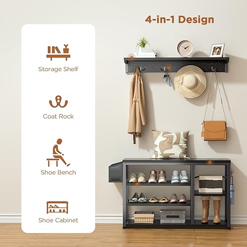Miniatura 7 de Aiho Hall Tree Shoe Bench with Storage, 4 in 1 Coat Rack Set, Industrial Bench with 4 Hooks, 5 Storage Shoe Cubbies, for Entryway, Hallway, Rustic