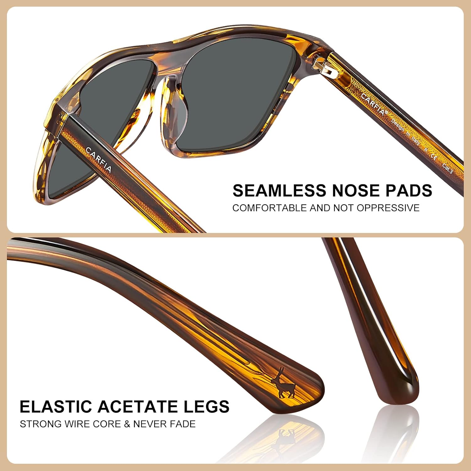 CARFIA Curved Acetate Polarized Sunglasses for Men UV Protection, Cool Retro Driving Eyewears with Embossed Pattern Wire Core