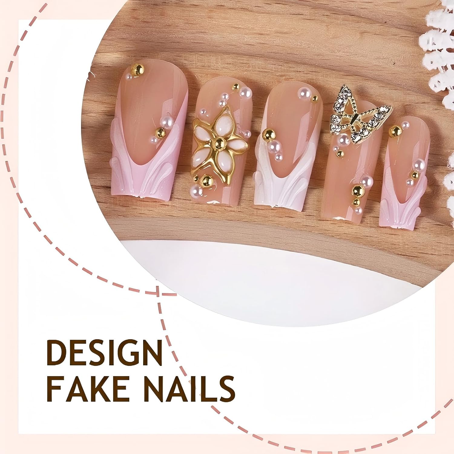 Luxury Square Press on Nails Medium Summer French Tip Acrylic Fake Nails with Embossed Flowers&Pearls Designs False Nails for Women Bridal Date Night Birthday Party Manicure-24Pcs