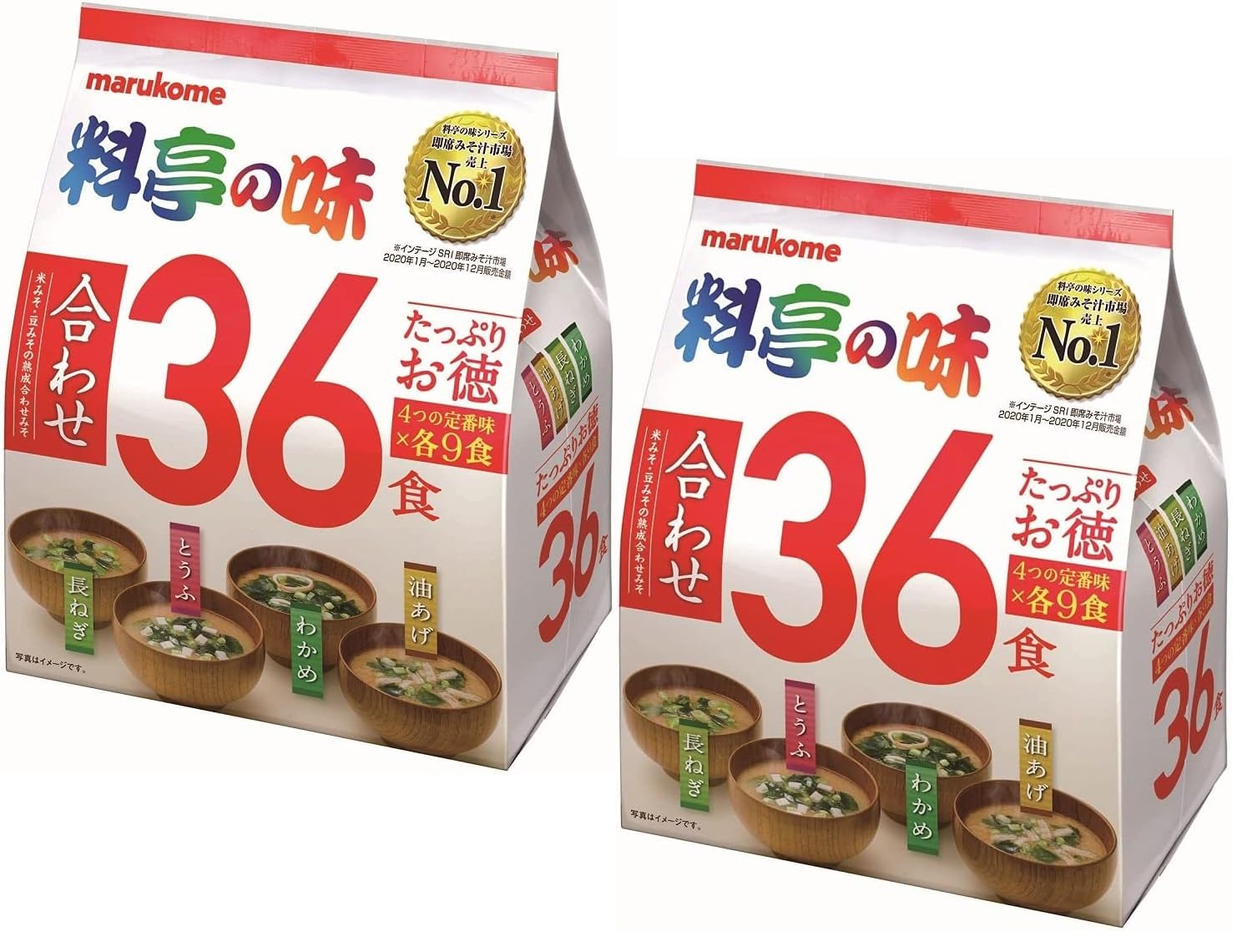 Marukome Zuppa Miso Ryotei no Aji 4 Sapori, 36 Zuppe Miso Istantanee Giapponesi (Alghe Wakame, Cipolle Verdi, Tofu, Aburaage), Confezione da 2 confezioni (Total 72 Zuppe)