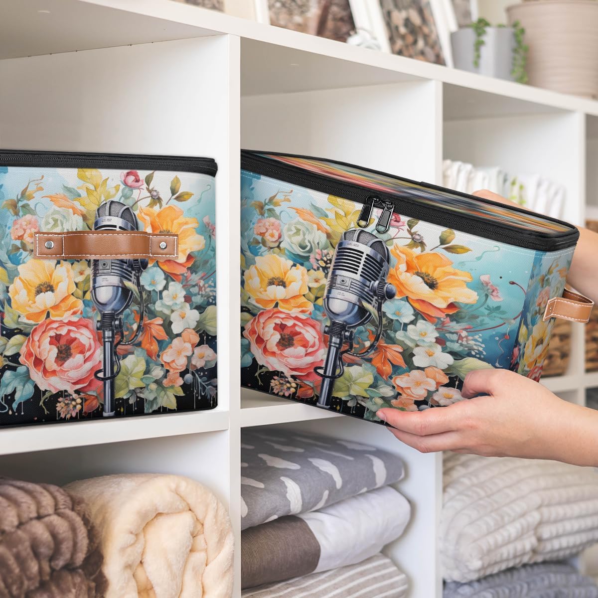 Storage Bin Set of 2 Microphone Flower Storage Basket with Zipper Lid & Handle Foldable Closet Shelf 2 Pack Cloth Organizer Basket Cube Bins Clothes Organizer for Nursery, Bedroom
