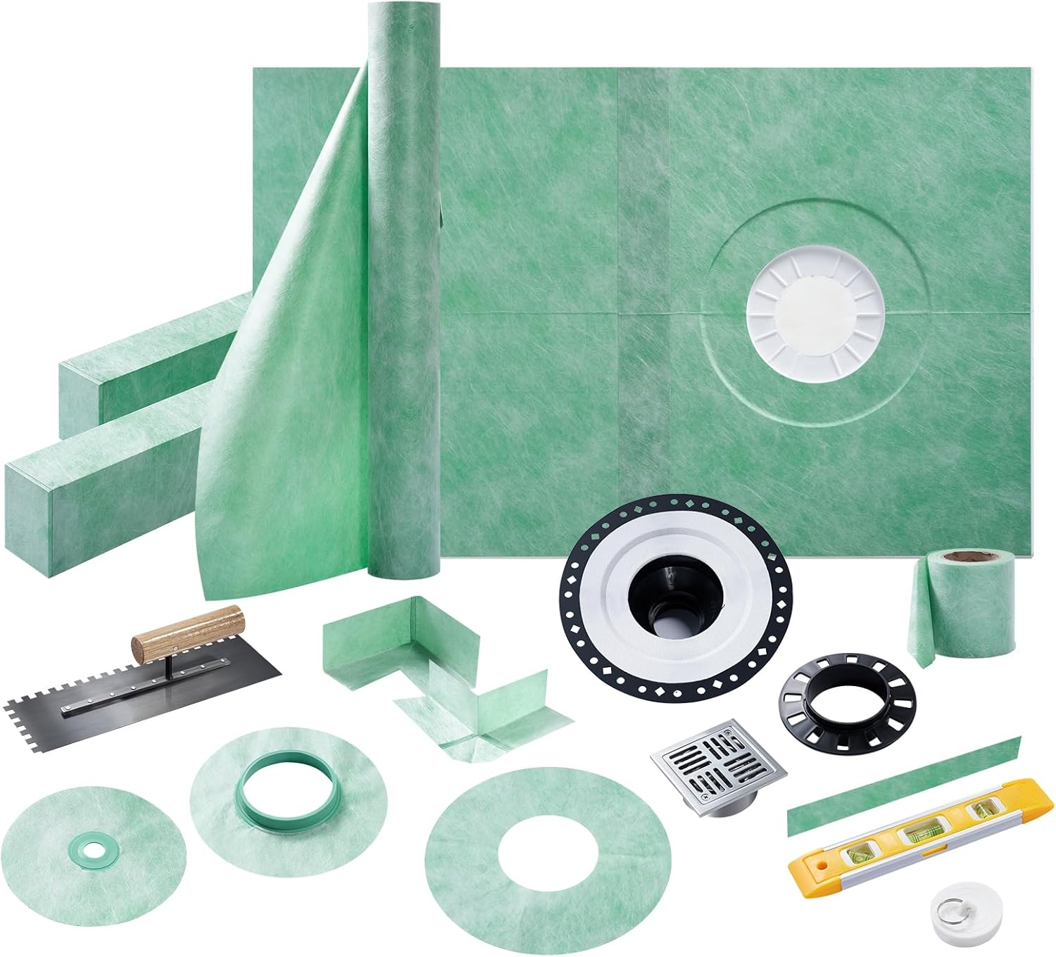 Albott Shower Curb Kit, Complete Shower System with 38" x 60" Tray Featuring Off-Center Drain, Includes Curb, Membrane, Seals, Corners, Bonding Flange, Trowel & Level