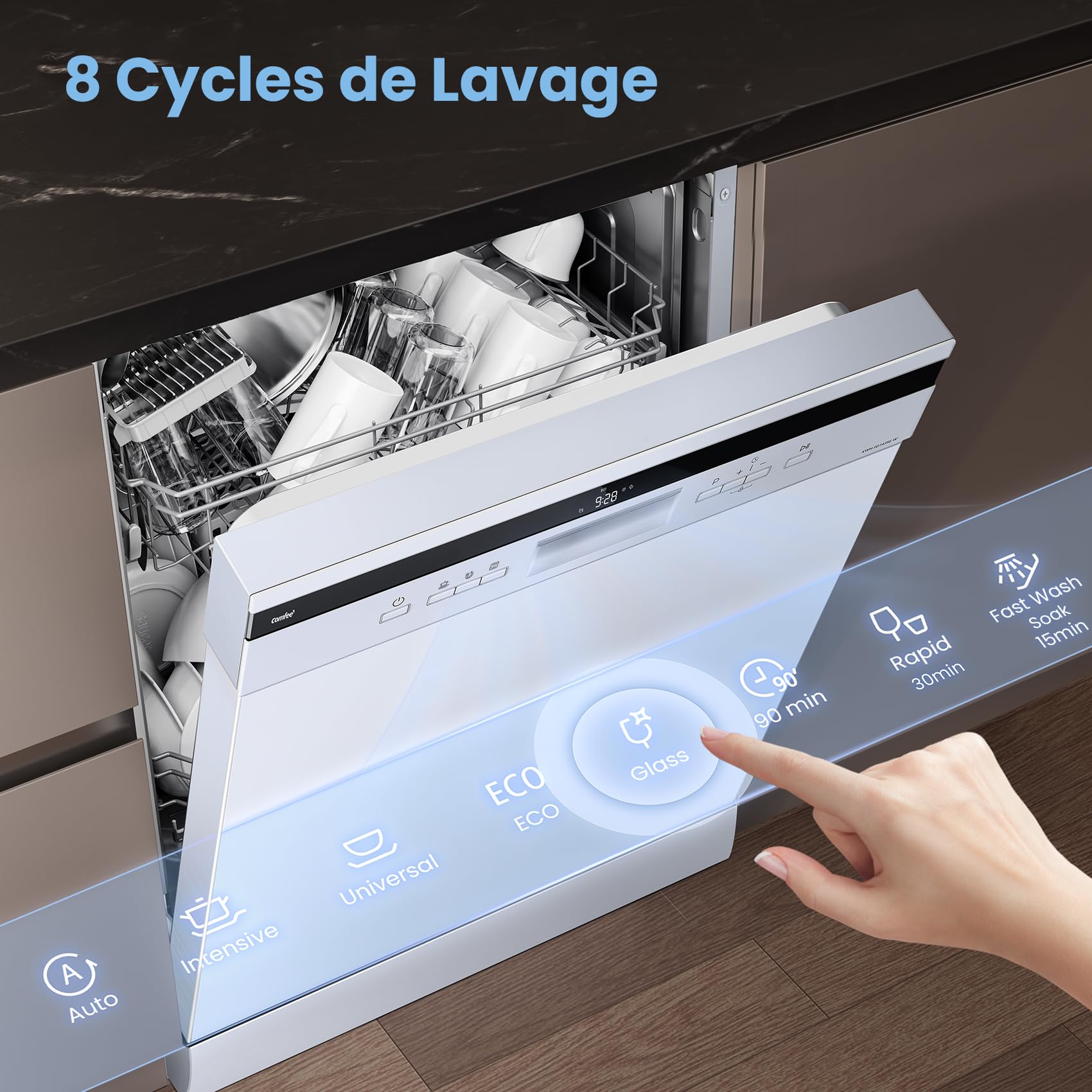 COMFEE' FD1435E-W Lave-vaisselle Pose Libre 14 Couverts, 60 cm, 44 dB | 8 Programmes, Ouverture Automatique, Départ différé, Demi-Charge, Paniers Flexibles, Séchage Intensif, Blanc