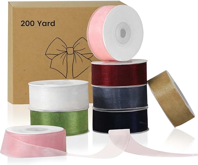 SHUNSTONE 8 Rolls Sheer Chiffon Ribbon Organza Satin Ribbon Transparent Soft Touch for Gift Wrapping Bouquets Wrapping Par...
