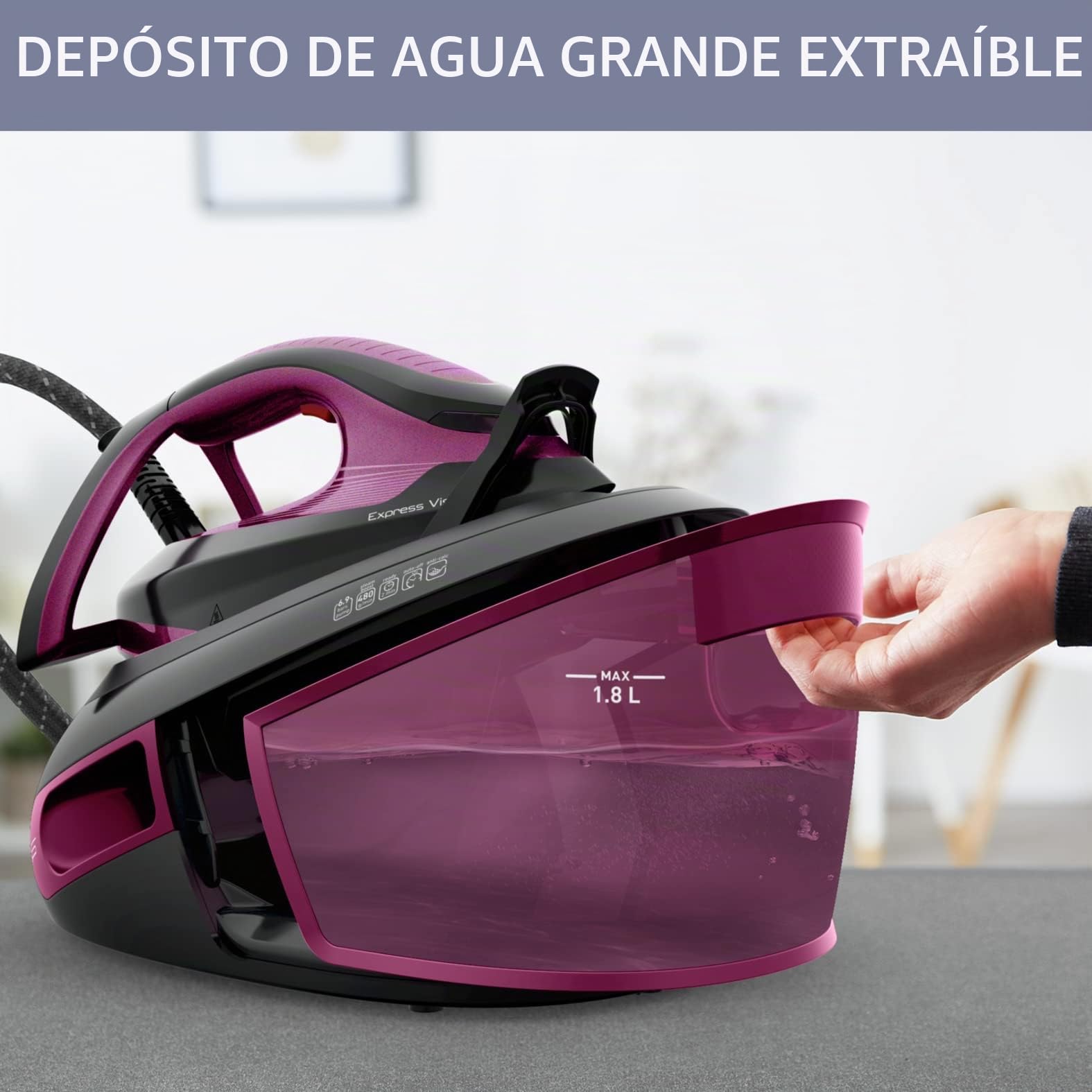 Calor central vapor, 6,9 bares, flujo de vapor 130 g/min, función de prensado 480 g/min, tanque 1,8 L, Led Vision, colector de piedra caliza, fabricado en Francia, púrpura/negro SV8152C0