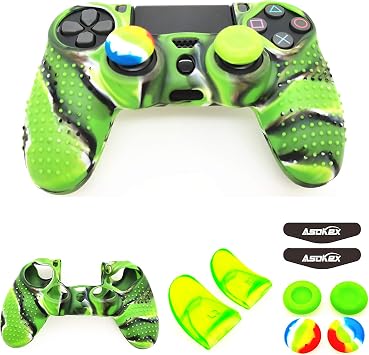 Silicone Skin Cover for Ps4 Controller 1pc Anti-Slip Case, 1 Pair L2 R2 Trigger Extender, 4pcs Thumb Grips,4pcs LED Light Bar Decal Protector for DualShock PS4/ Slim/Pro Controller Green granular