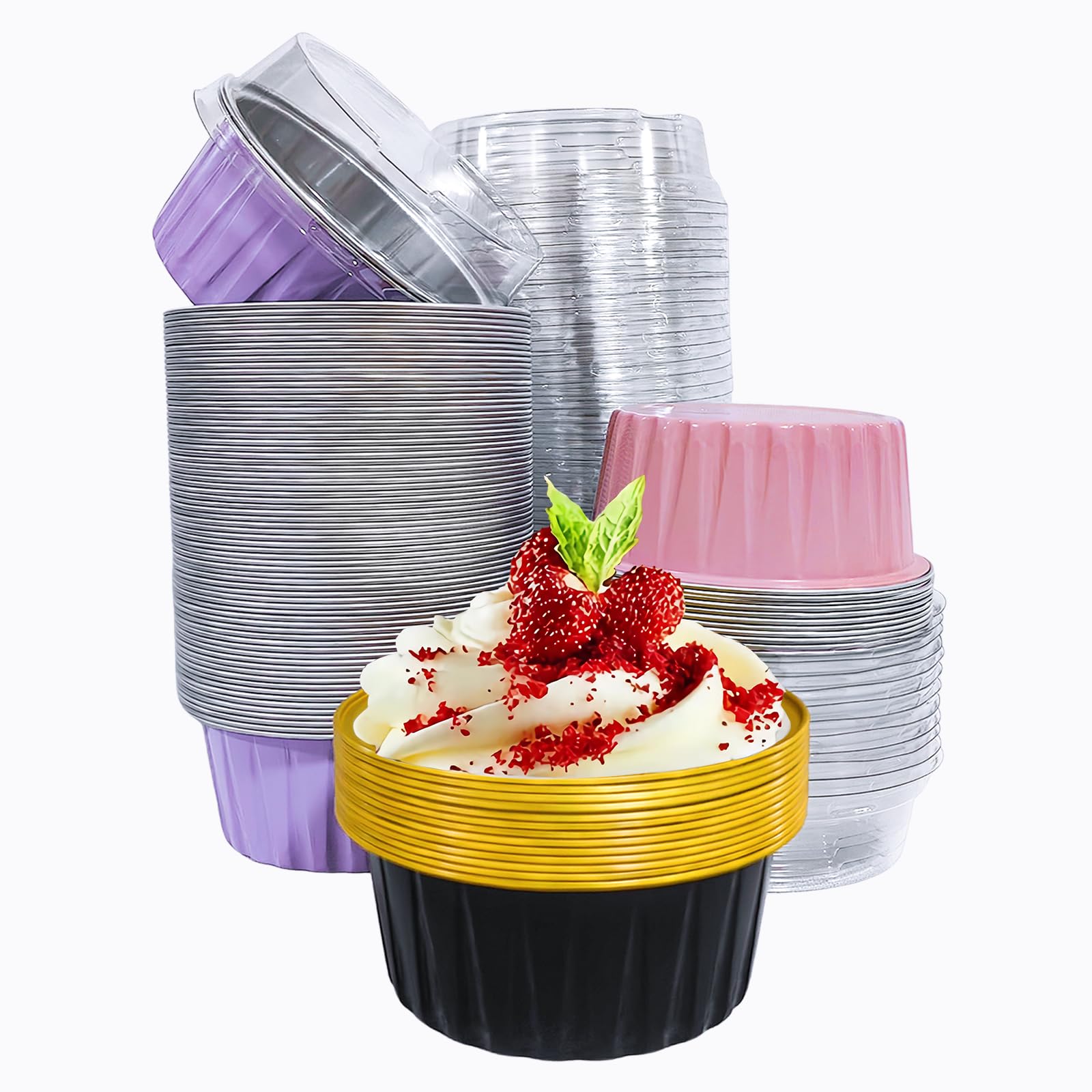 50 moldes desechables de colores mixtos con tapas, 5 onzas, moldes de papel de aluminio para hornear Creme Brulee, moldes para tartas de queso, moldes de flan, recipientes de lata para fiestas (color