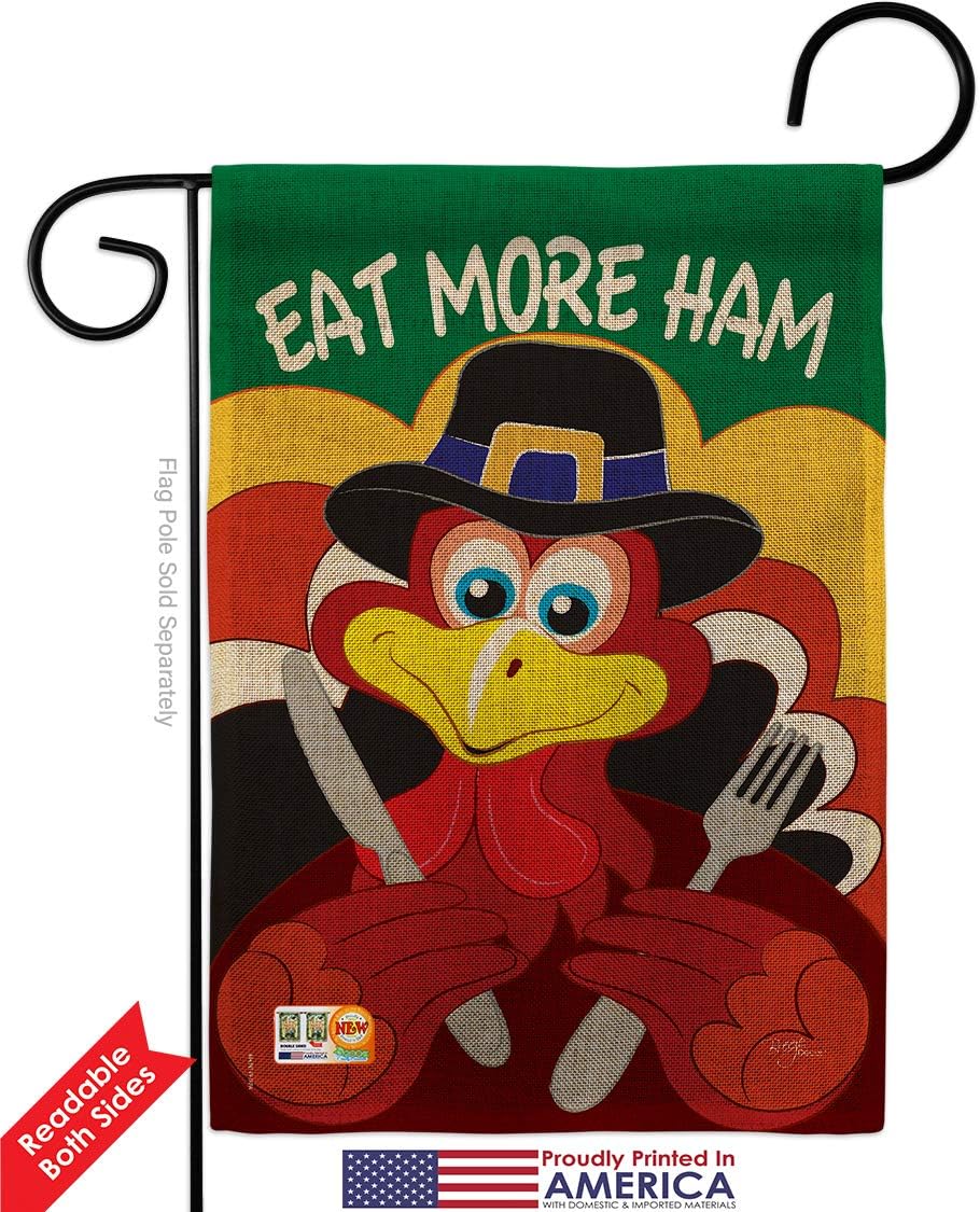 Eat More Ham Garden Flag Set with Stand Fall Turkey Give Thanks Gobble Pumpkin Season Autumntime Cornucopia Small Decorative Gift Yard House Banner Double-Sided Made In USA 13 X 18.5