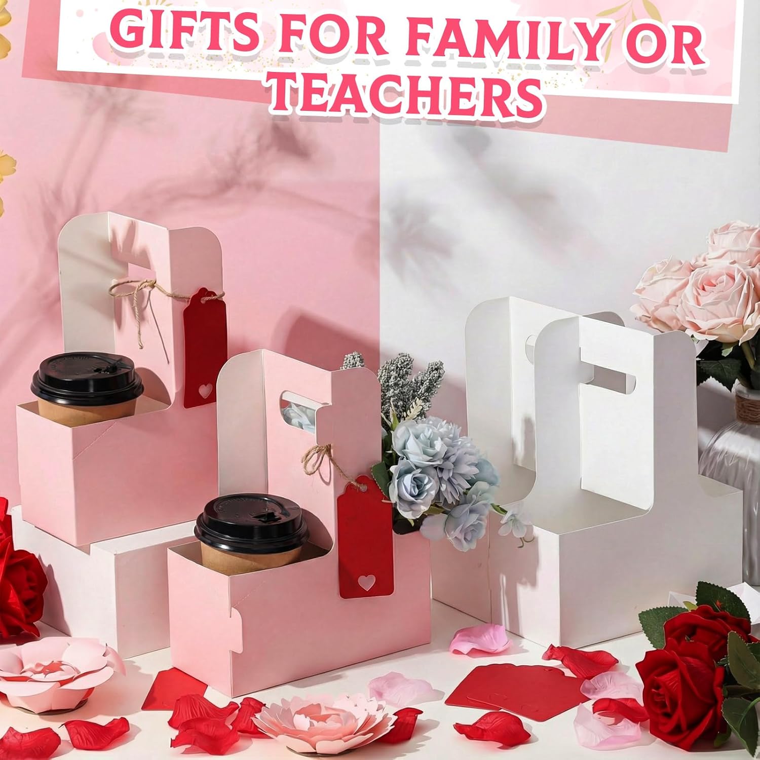 20 Pack 2 Cup Drink Carrier with Handle Kraft Paperboard Cup Holder Portable for Valentine Mother's Day Teachers' Day for Hot Cold Drinks Coffee Caddy with Heart Card Rope (White,Pink) - Image 4