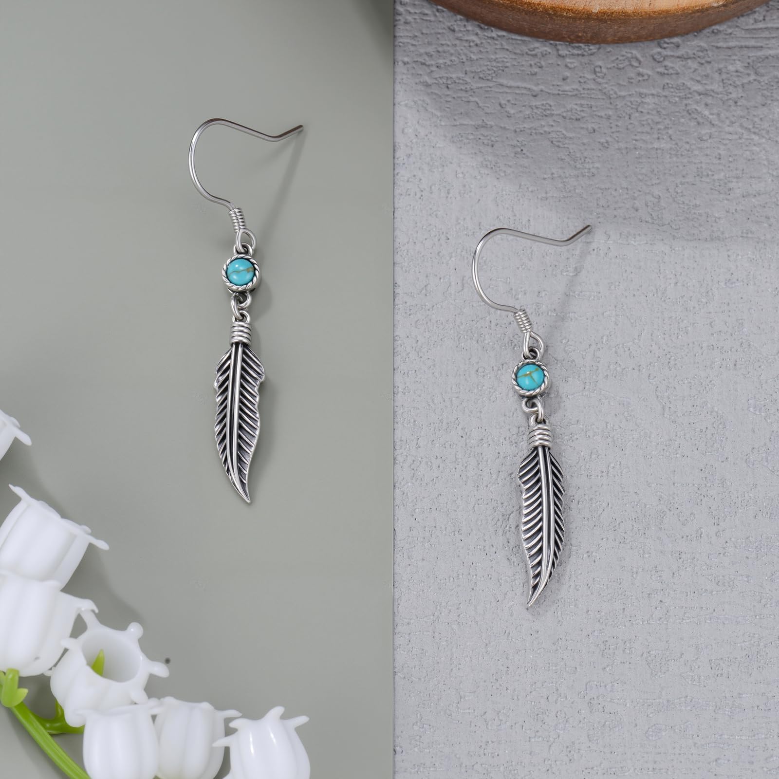 Orecchini pendenti in argento Sterling 925 con vera piuma turchese, orecchini pendenti da donna
