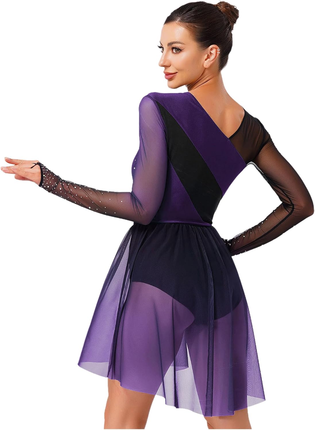 FEESHOW Women's Color Block Lyrical Dance Dress Long Sleeve Rhinestone Figure Skating Dress Ballet Dancewear