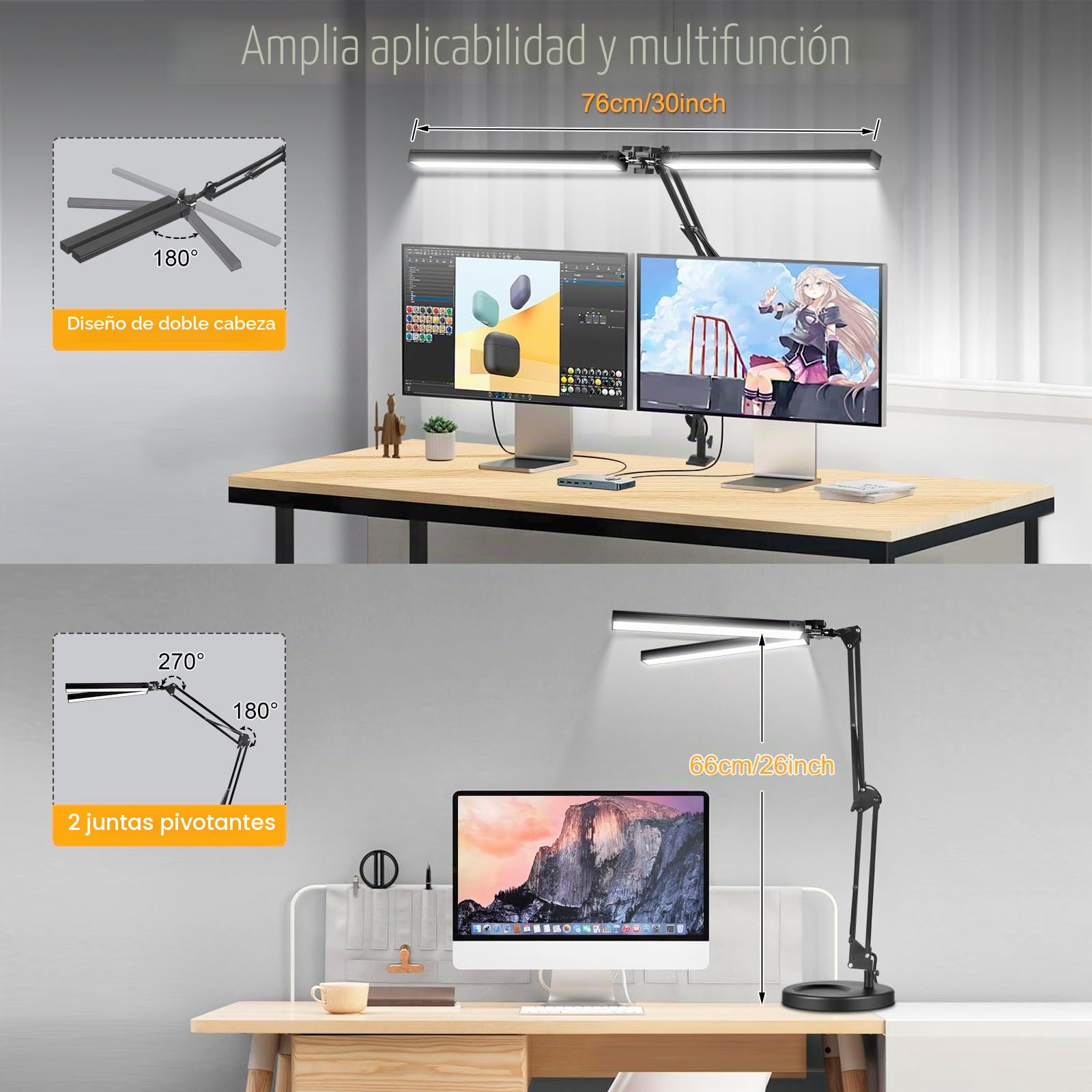 NOEVSBIG Lámpara de escritorio LED, 2 en 1, lámpara de mesa y lámpara de clip, 3 modos de color y atenuación continua, luz de lectura de mesa ajustable con función de memoria