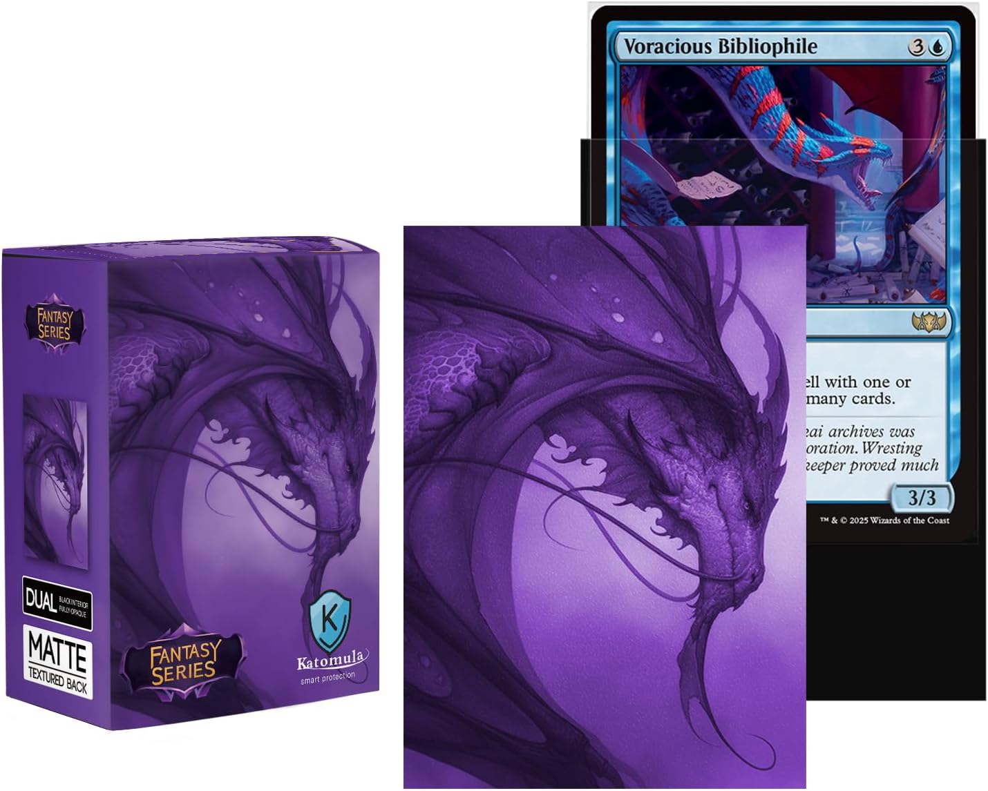 Katomula 100 Card Sleeves for MTG with 100 Inner Sleeve, Textured Back Art Sleeves, Fit Standard Size Cards (Soul Purple Dragon)