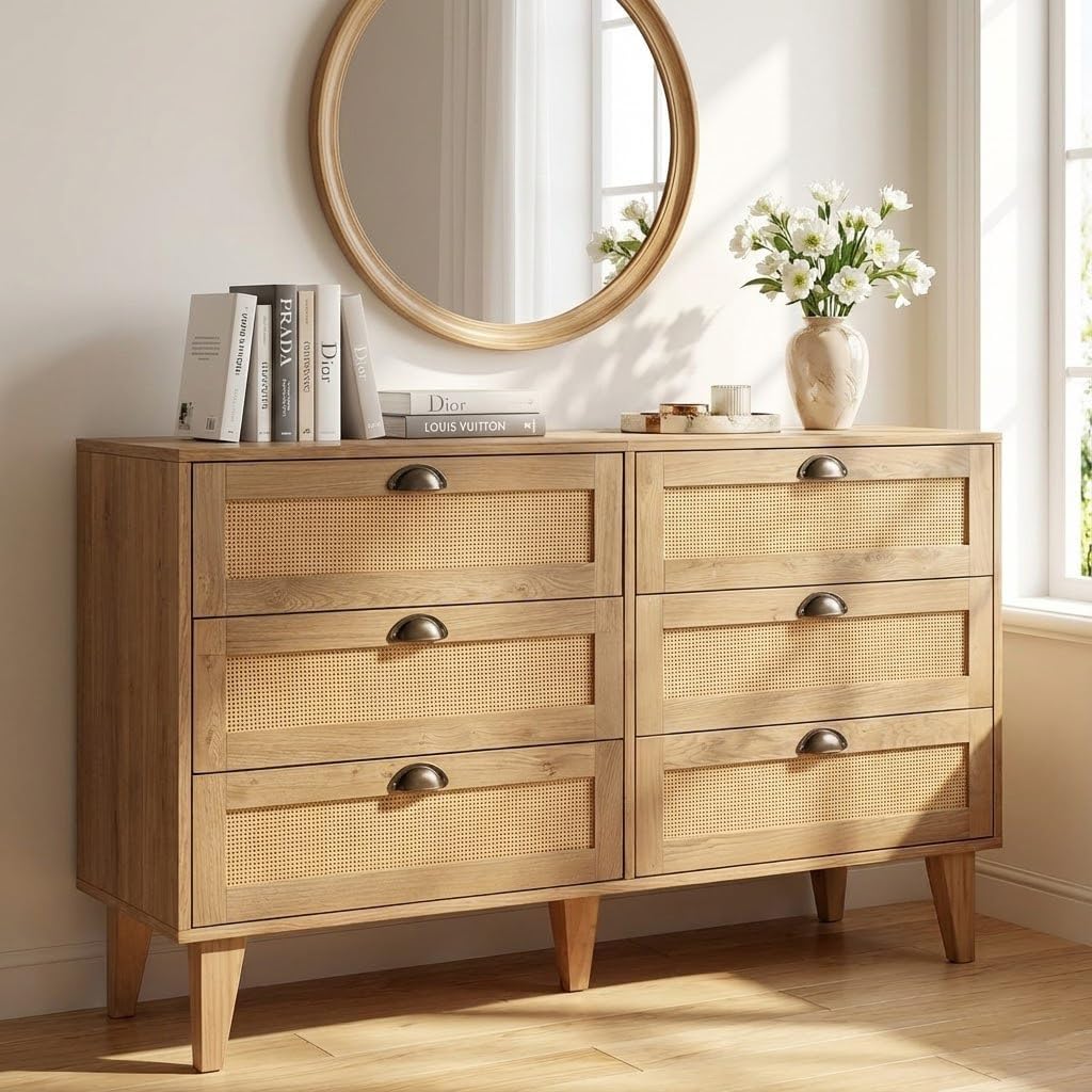 GREEN PARTY 6 Drawer Rattan Dresser, 47" Boho Natural Wood Chest of Drawers with Cup Pull Handles, Modern Farmhouse Storage Organizer & TV Stand for Bedroom, Living Room, Closet