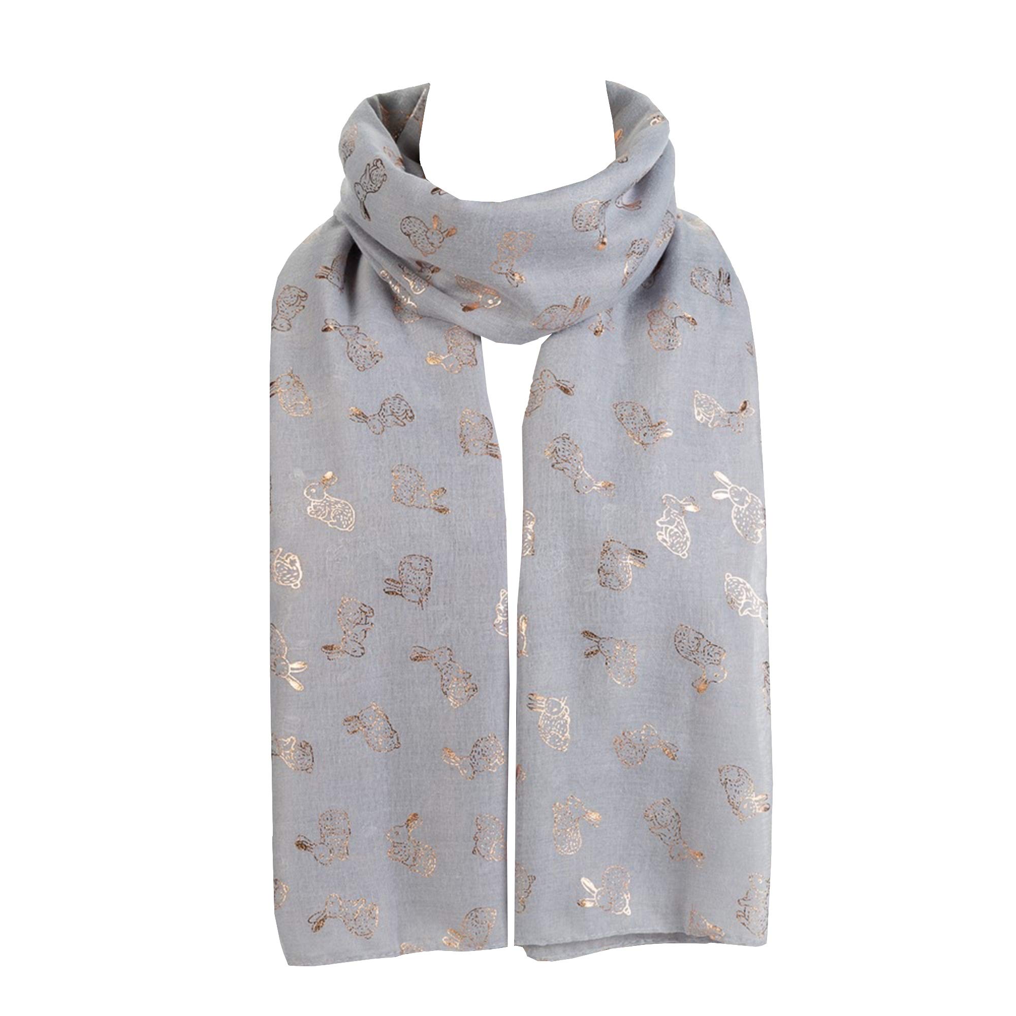 World Of Shawls Women's Gold Rabbit - Silver New Sparkling Bunny Rabbit Print Celebrity Style Scarves Maxi, Scarf, Wrap, Sarong, Shawls (Gold Rabbit - Silver)