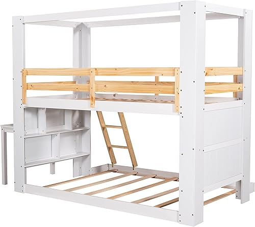 Miniatura 5 de Woanke Litera individual sobre matrimonial con escalera y estantes de almacenamiento de escritorio estructura reforzada marco de cama de madera