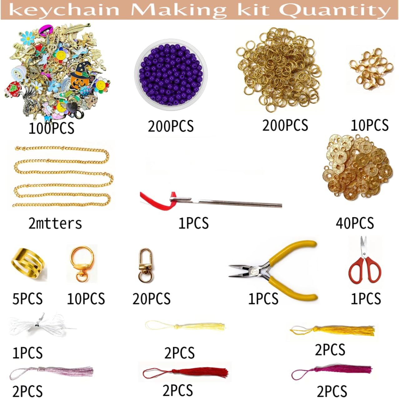 600Pcs Lip Gloss Keychain Making Kit with Charms, Including 30 Keychains Clips 2meters Extender Chain 100 Charm Jewelry Plier, DIY Keychains Kit, for Keychain Making Supplies DIY Crafts - Image 2
