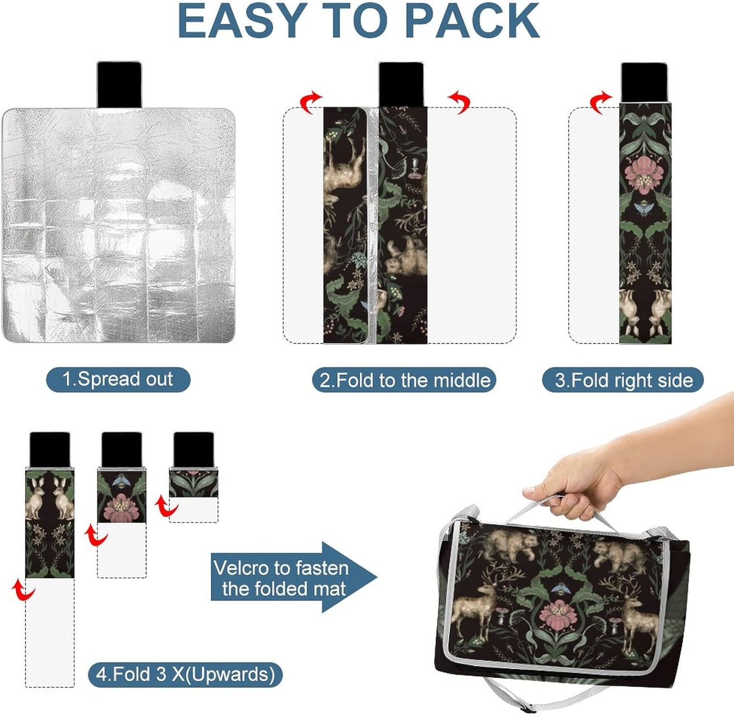 Watercolor Bear Beach Picnic Blanket Abstract Tropical Forest Animal Bear Rabbit Deer Flower for Sandproof for Camping Travelling Hiking 58.3x58.3 Inch