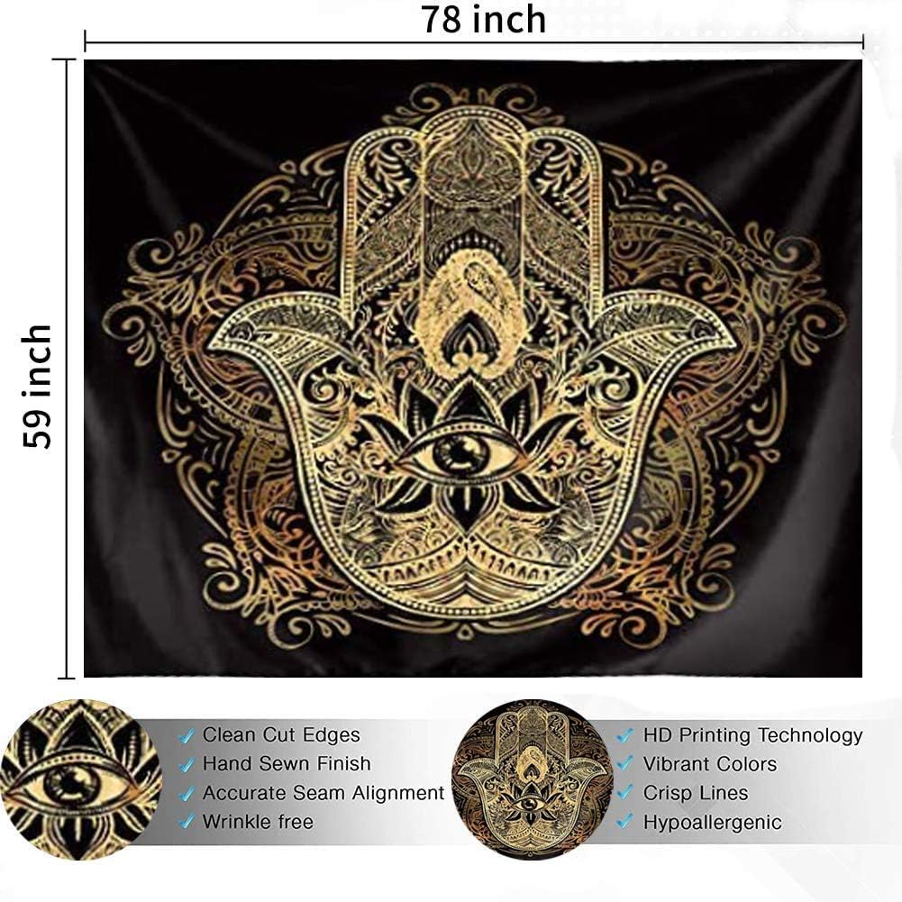 QCWN Spiritual Tapestry,Psychedelic Trippy Tapestry Black Gold Hamsa Hand Tapestry Mandala Medallion Bohemian Tapestry Evil Eye Hamsa Hand Blessing Home Good Luck Wall Tapestry for Bedroom Aesthetic