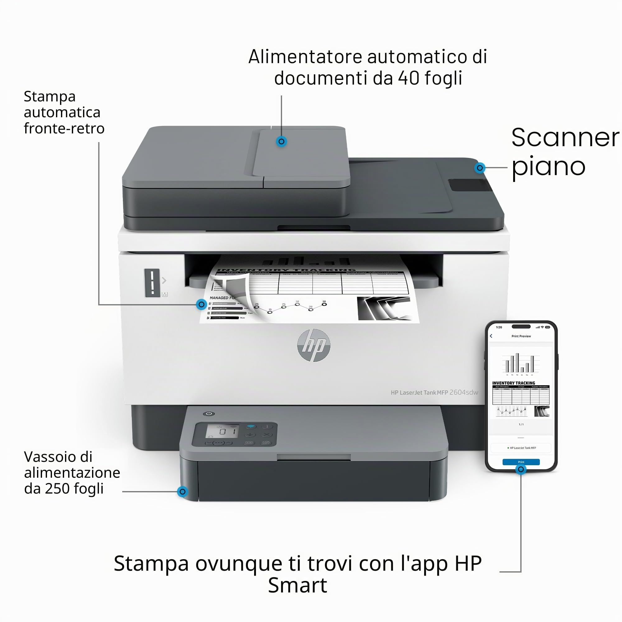 LaserJet Stampante multifunzione Tank 2604sdw, Bianco e Nero, Stampante aziendale, Stampa fronte/retro Scansione a posta